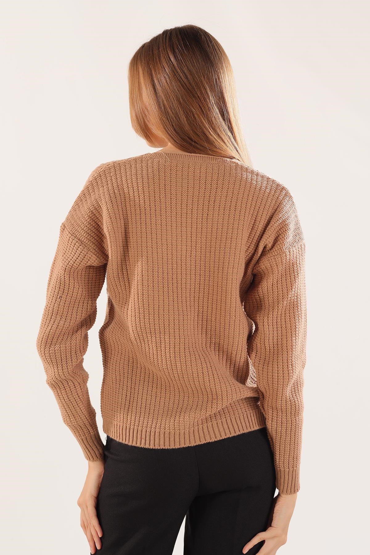 Camel Kabartma Desen Düğmeli Hırka 4002