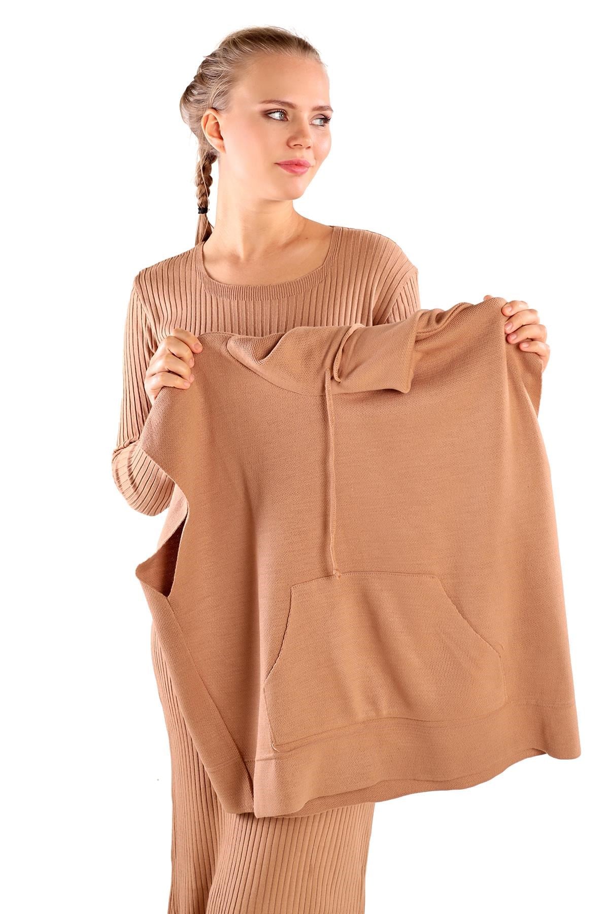 Camel Kapüşonlu Elbise Takım 24114