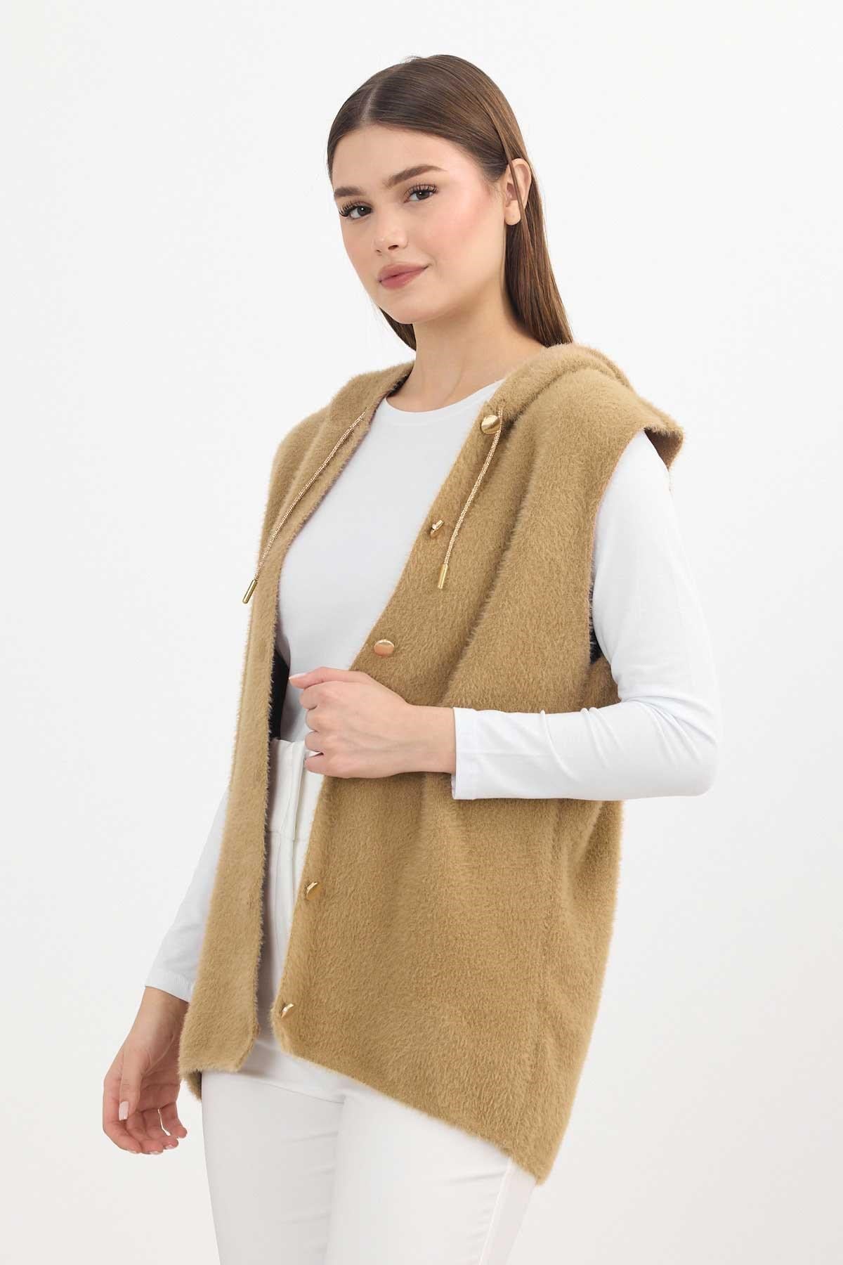 Camel Kapüşonlu Yumoş Yelek 6681