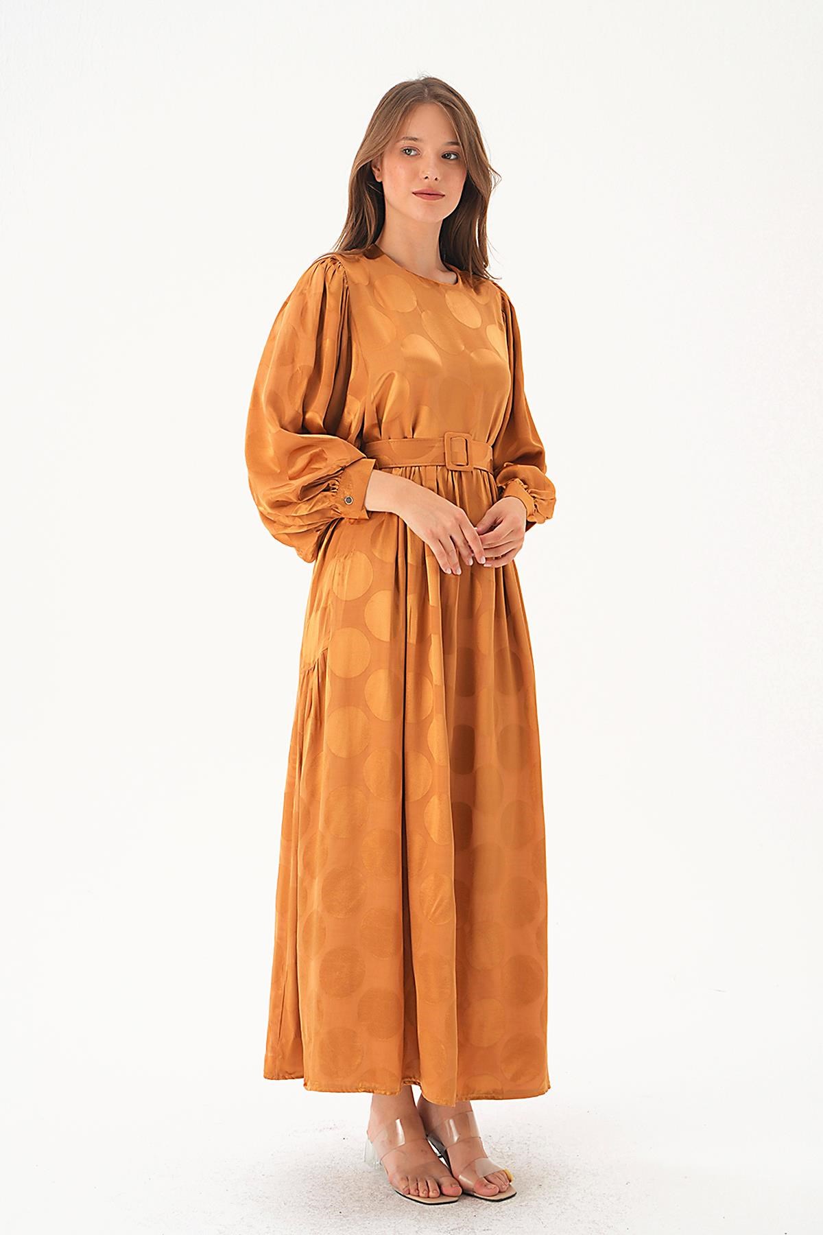 Camel Puantiye Desen Kemerli Elbise 4215A