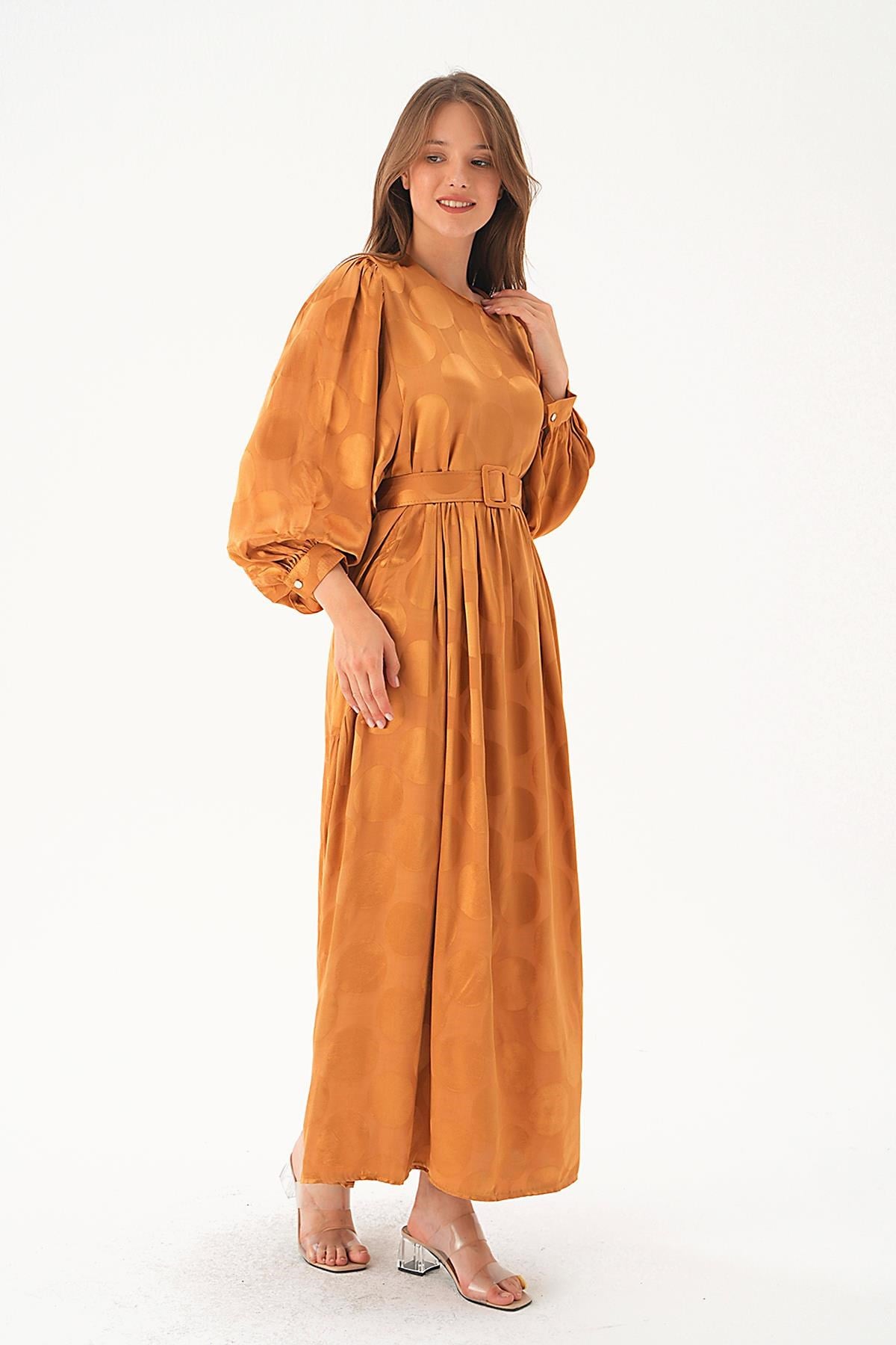 Camel Puantiye Desen Kemerli Elbise 4215A