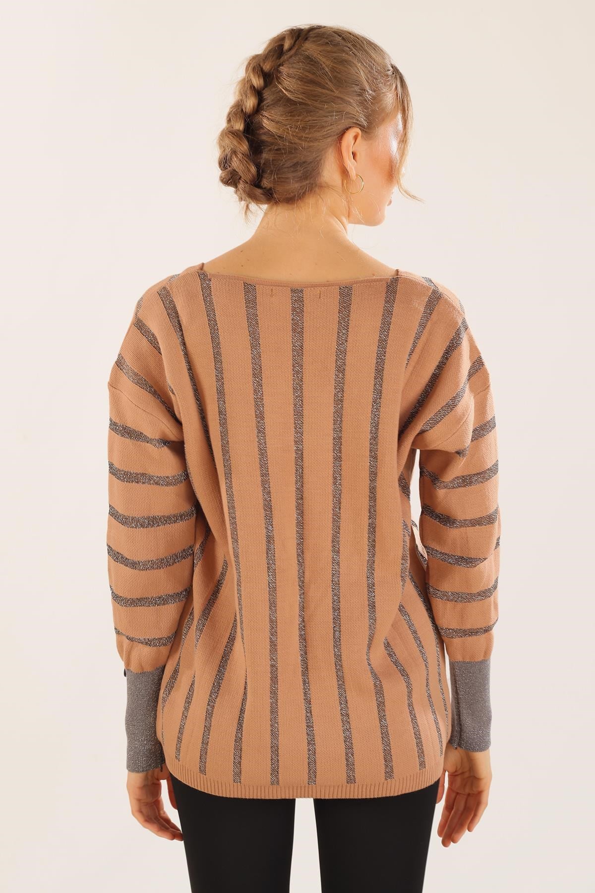 Camel V Yaka Çizgili Kazak 3189