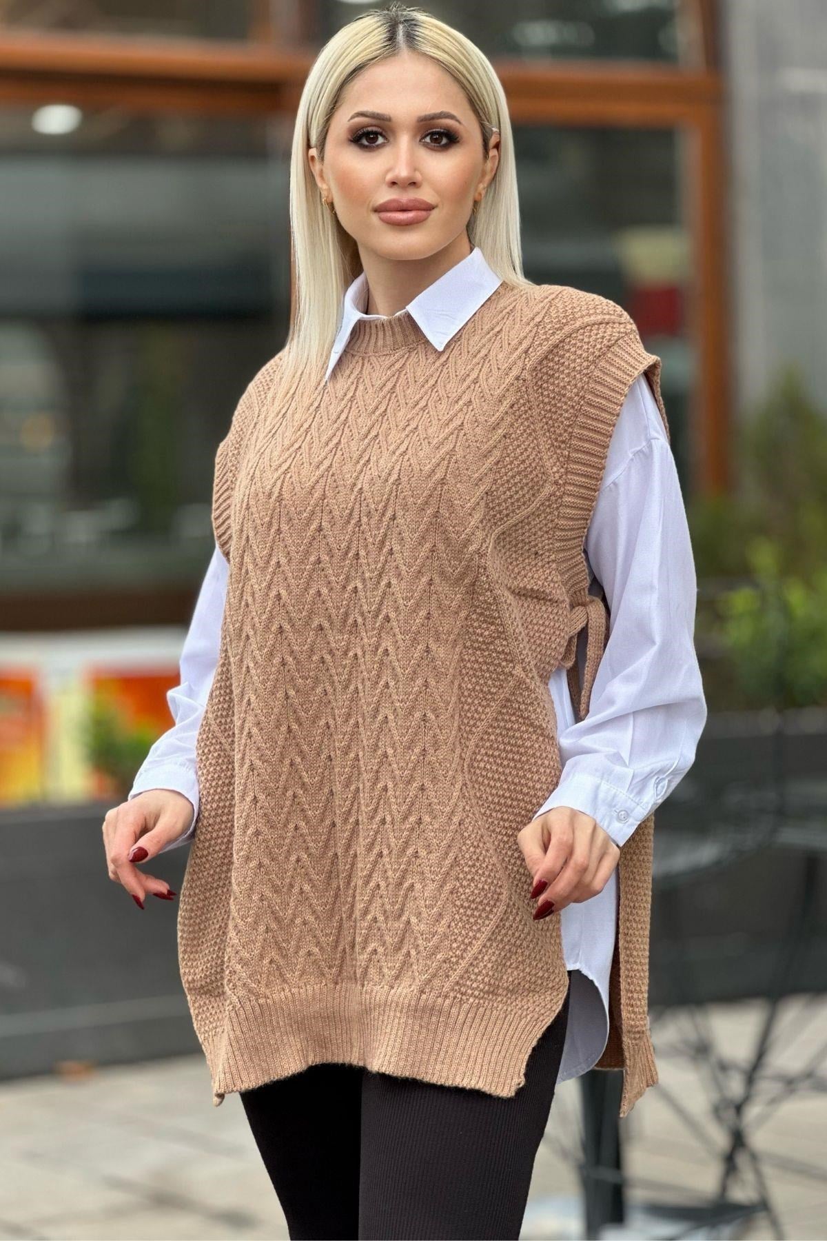 Camel Yan Bağlamalı Örgü Detay Süveter 280