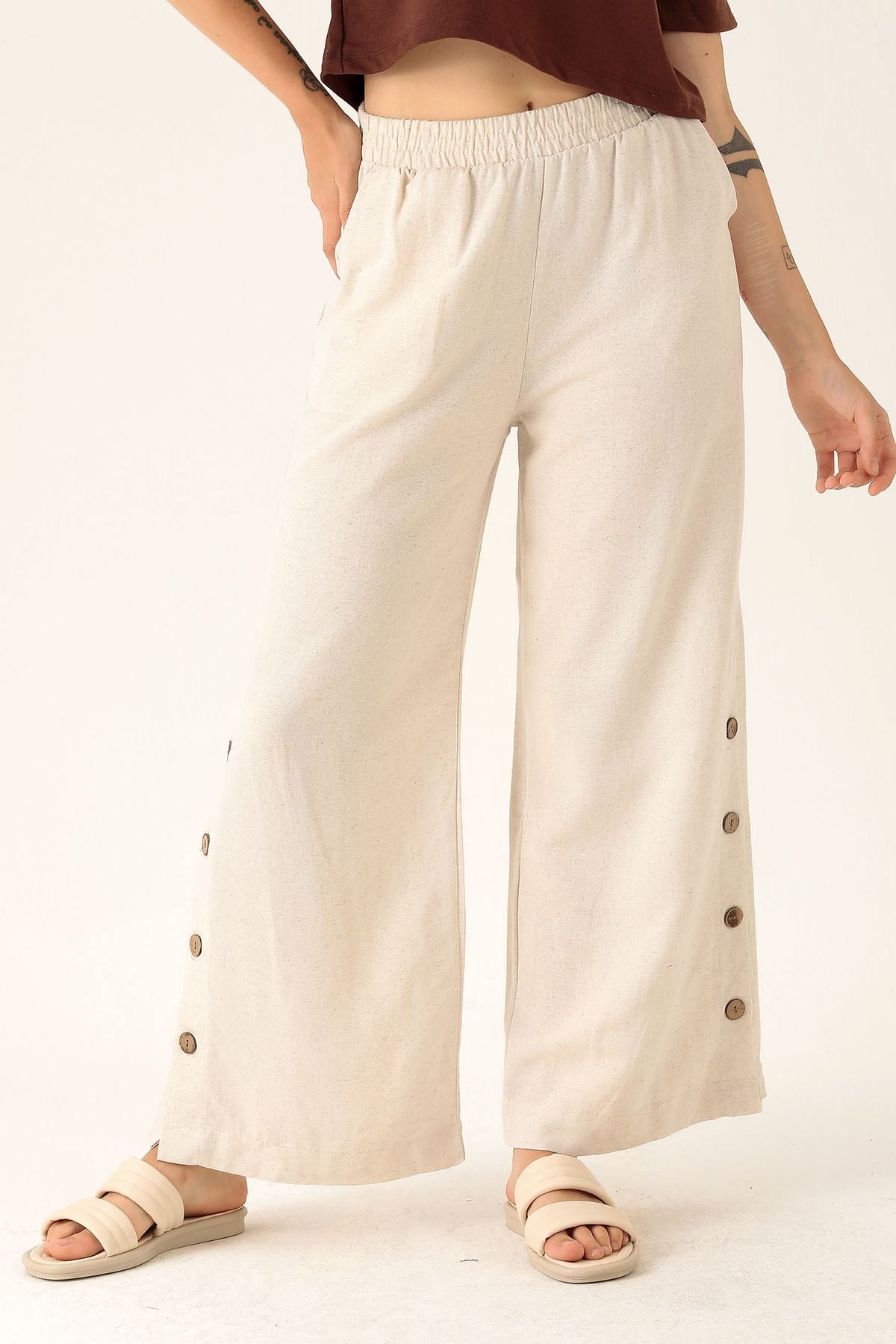 Çıtçıtlı Keten Bayan Pantolon - 1456-1 Natural
