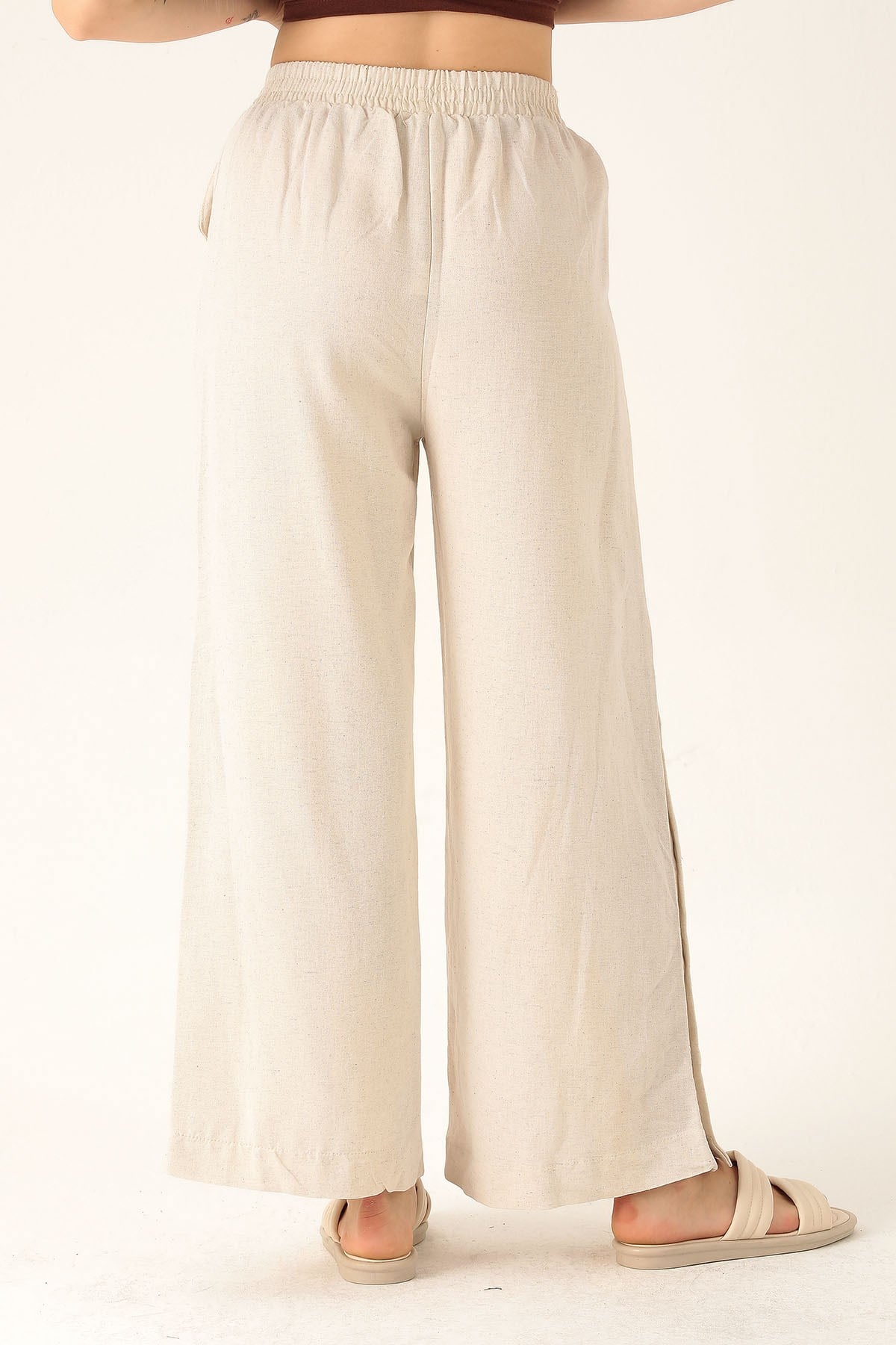 Çıtçıtlı Keten Bayan Pantolon - 1456-1 Natural
