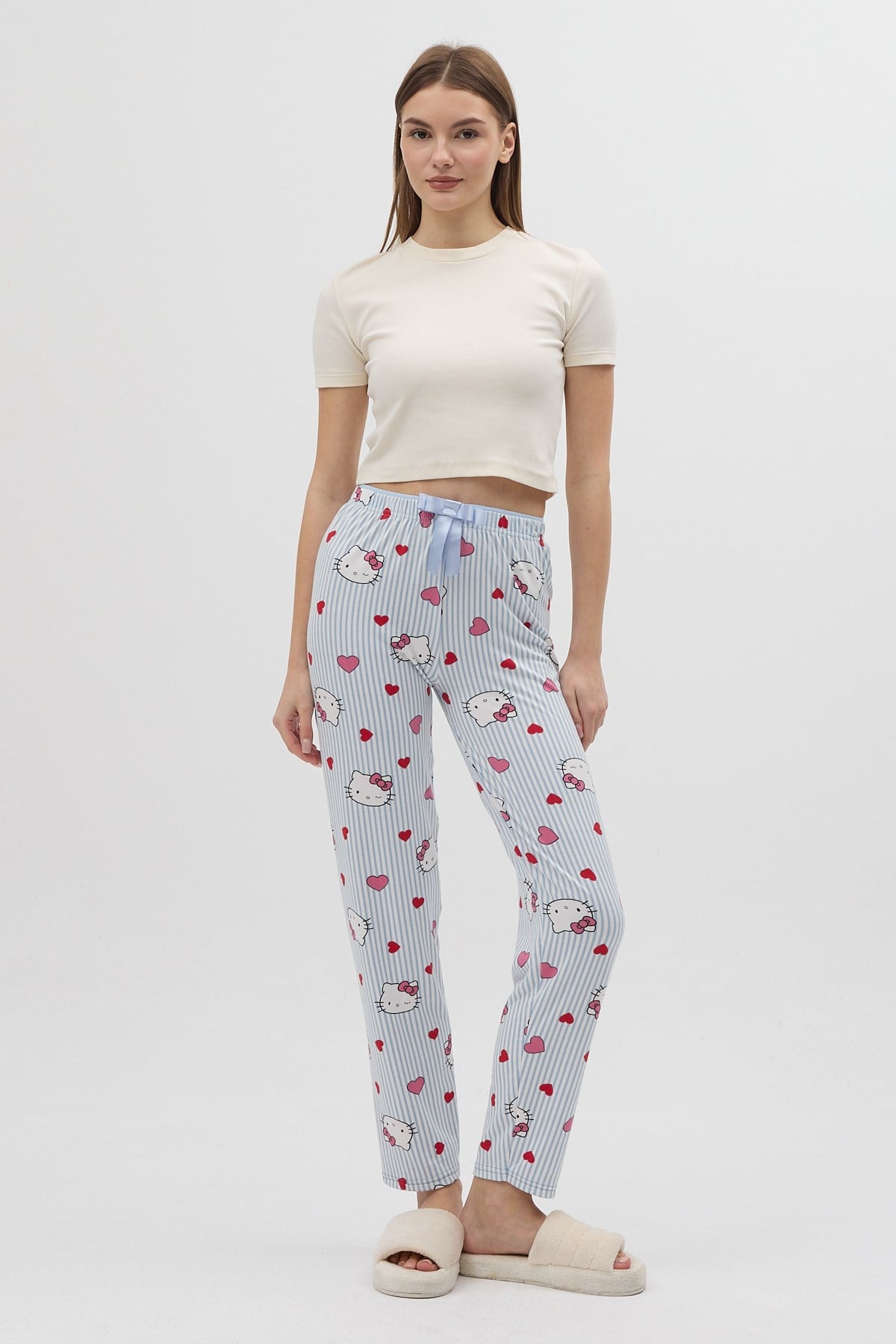 Çizgili Kalp Desenli Beli Bağcıklı Kadın Pijama Altı 4529