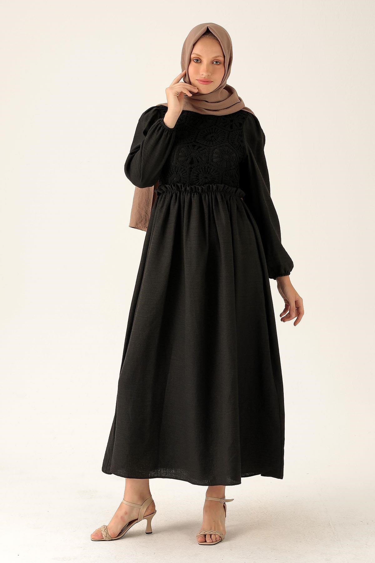 Dantel Detay Elbise - 6753A Siyah