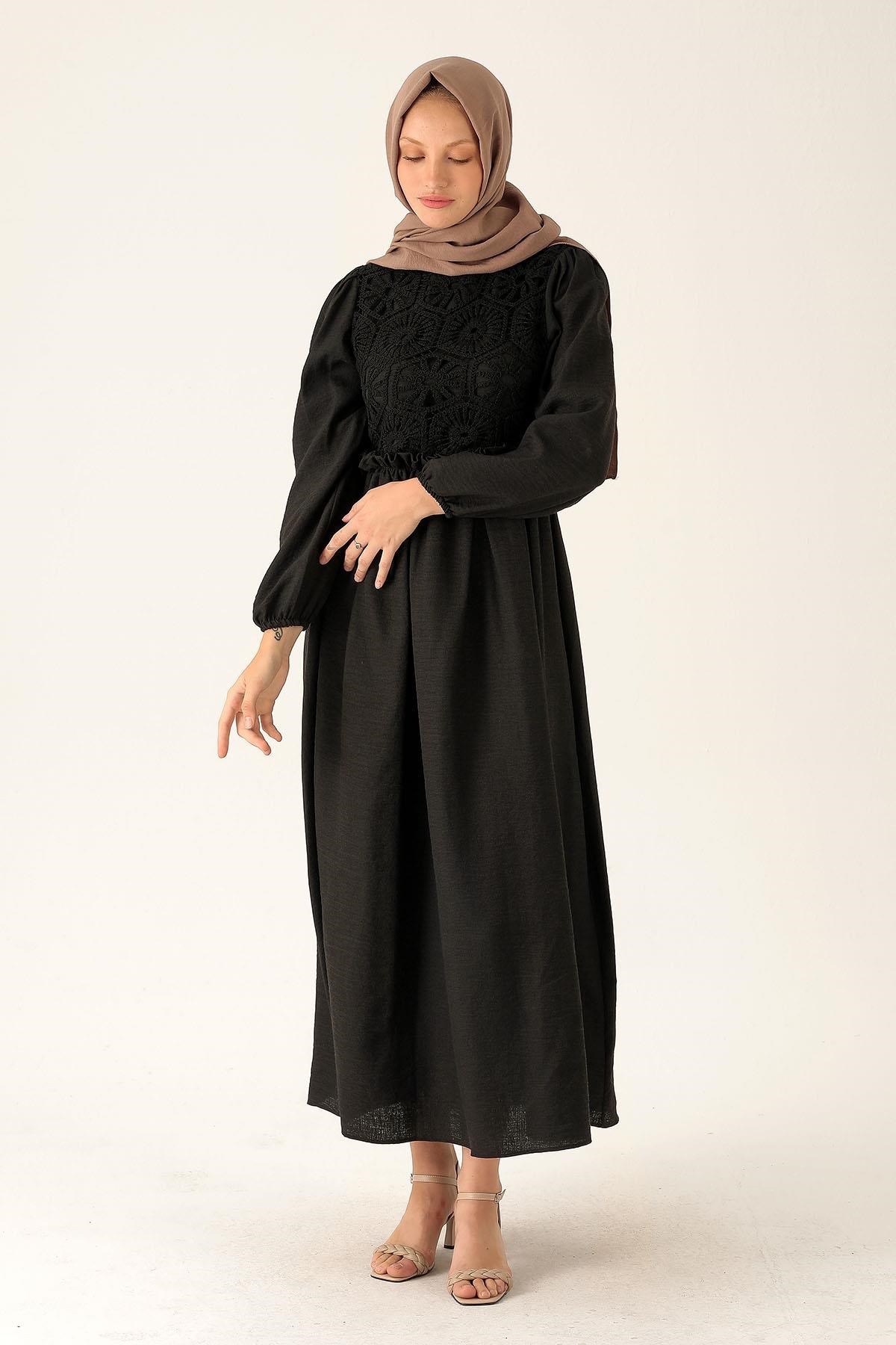 Dantel Detay Elbise - 6753A Siyah