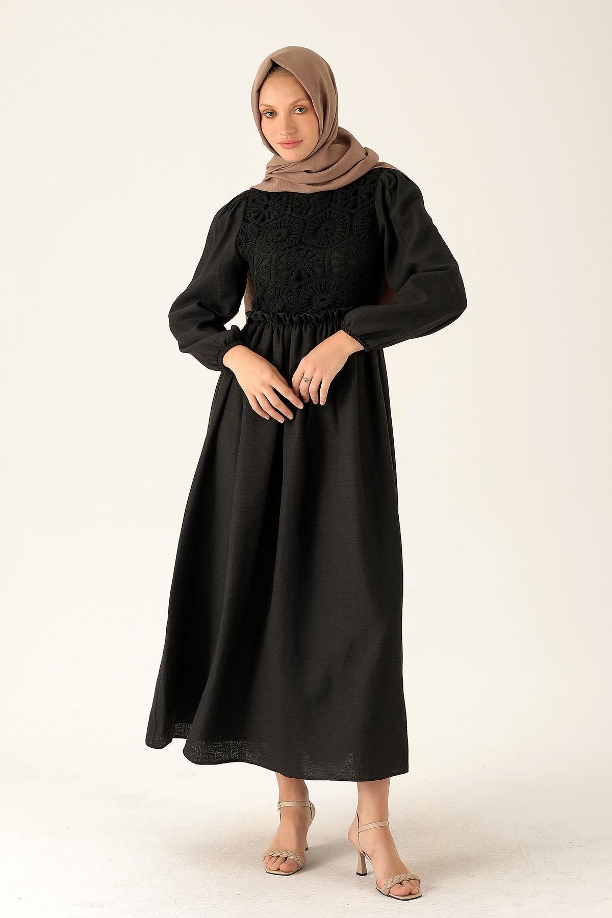 Dantel Detay Elbise - 6753A Siyah