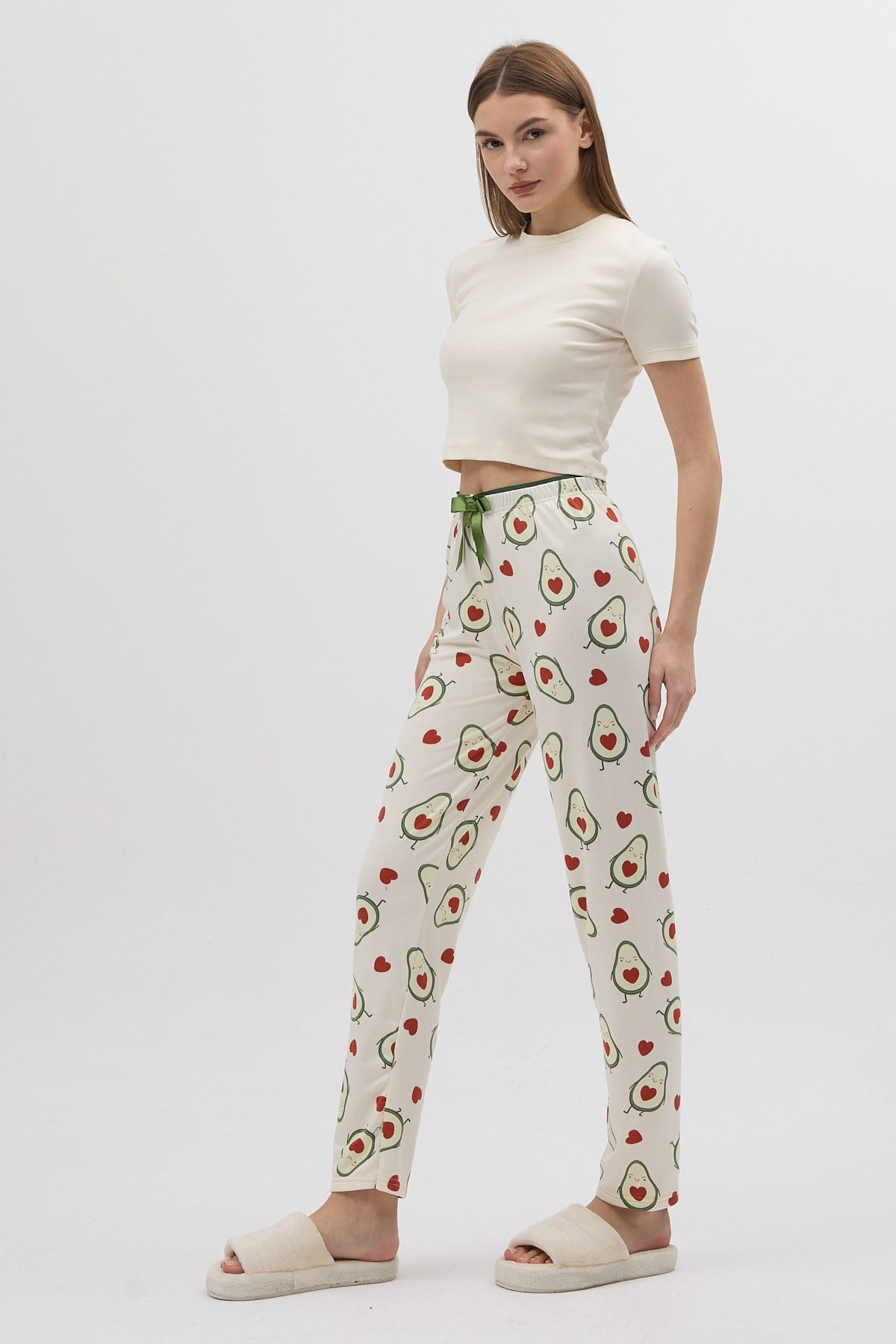 Ekru Avokado Desenli Kadın Pijama Altı 4538