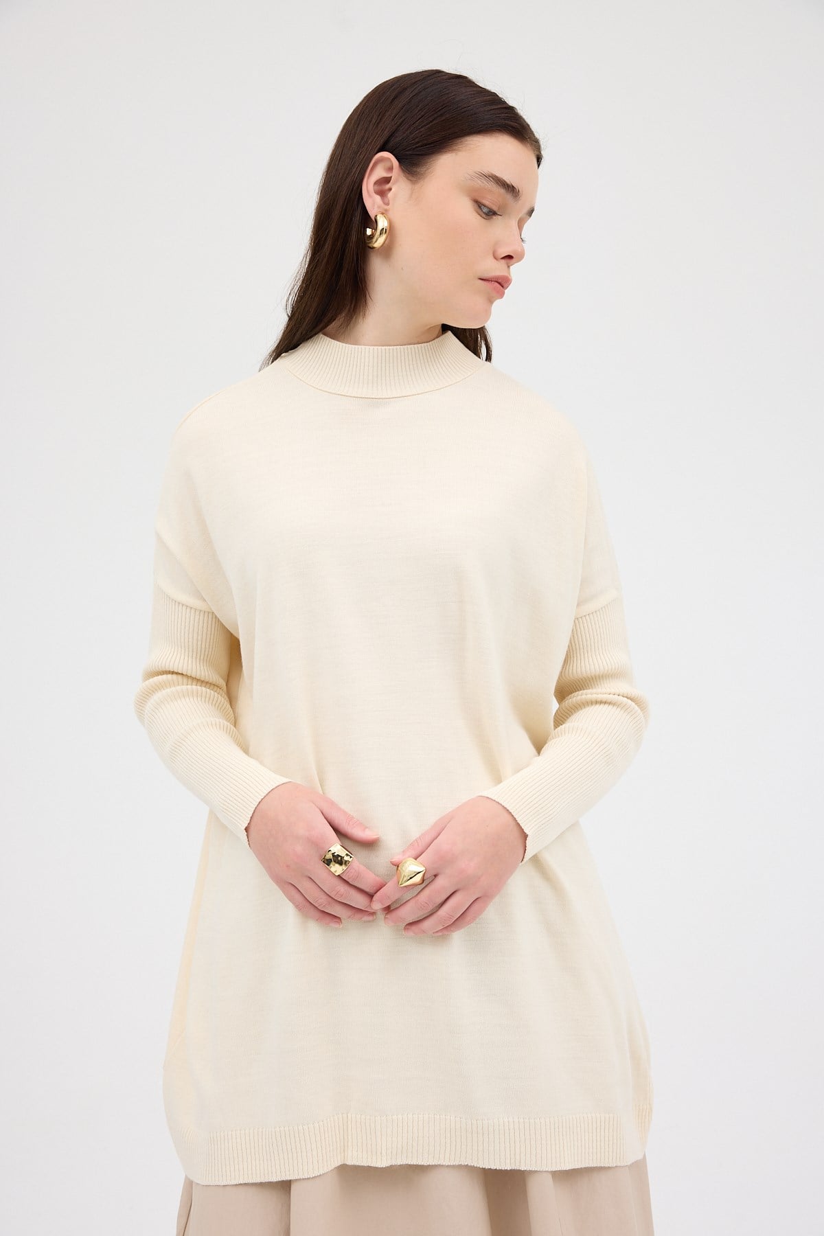 Ekru Balıkçı Yaka Triko Tunik 5315
