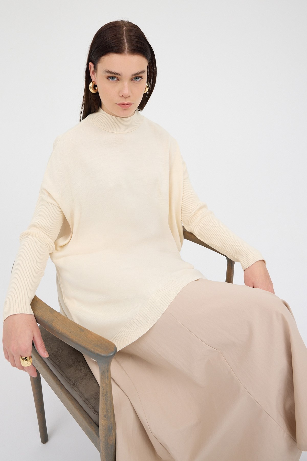 Ekru Balıkçı Yaka Triko Tunik 5315