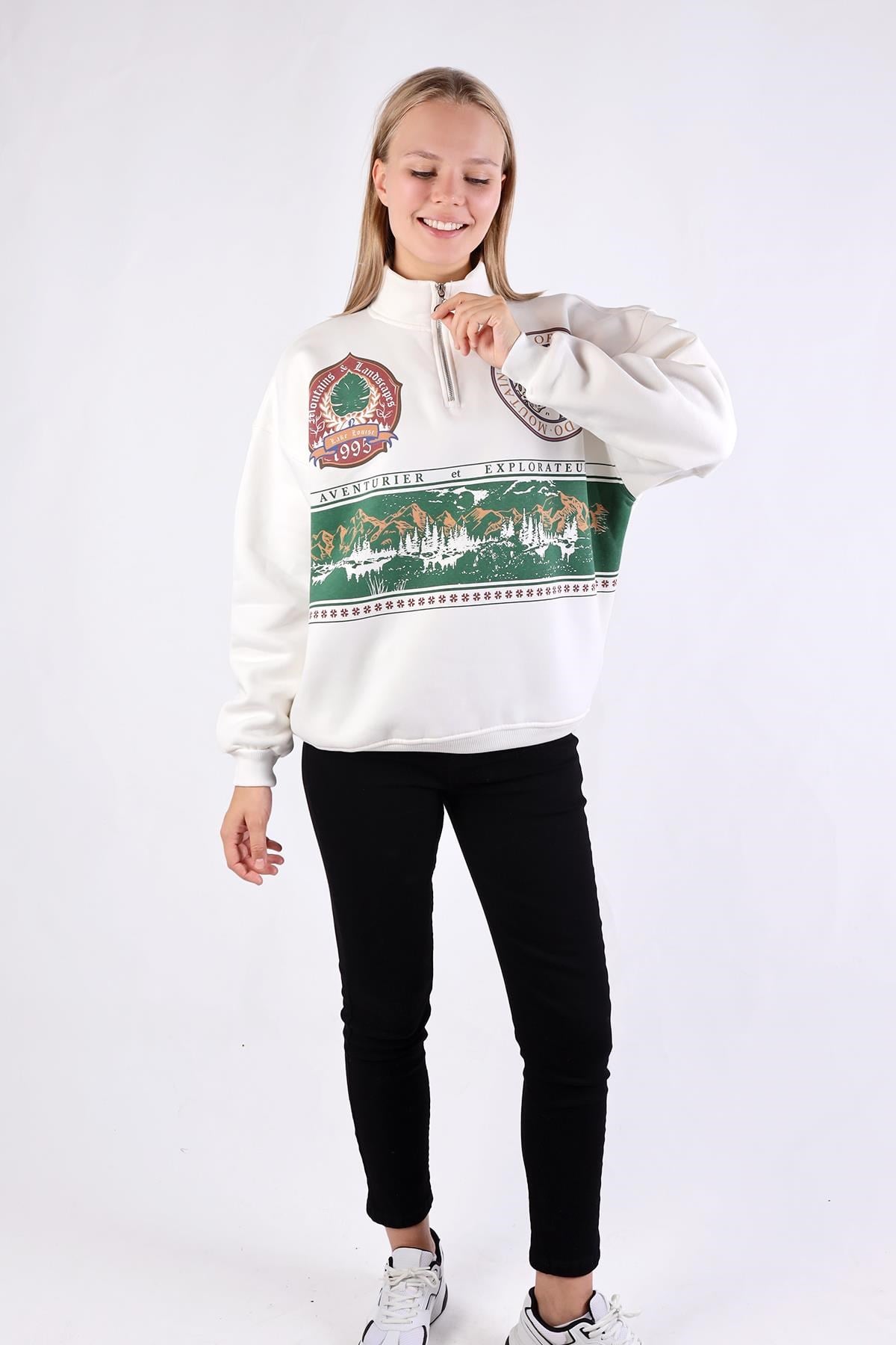 Ekru Baskılı Fermuarlı Sweat 1118