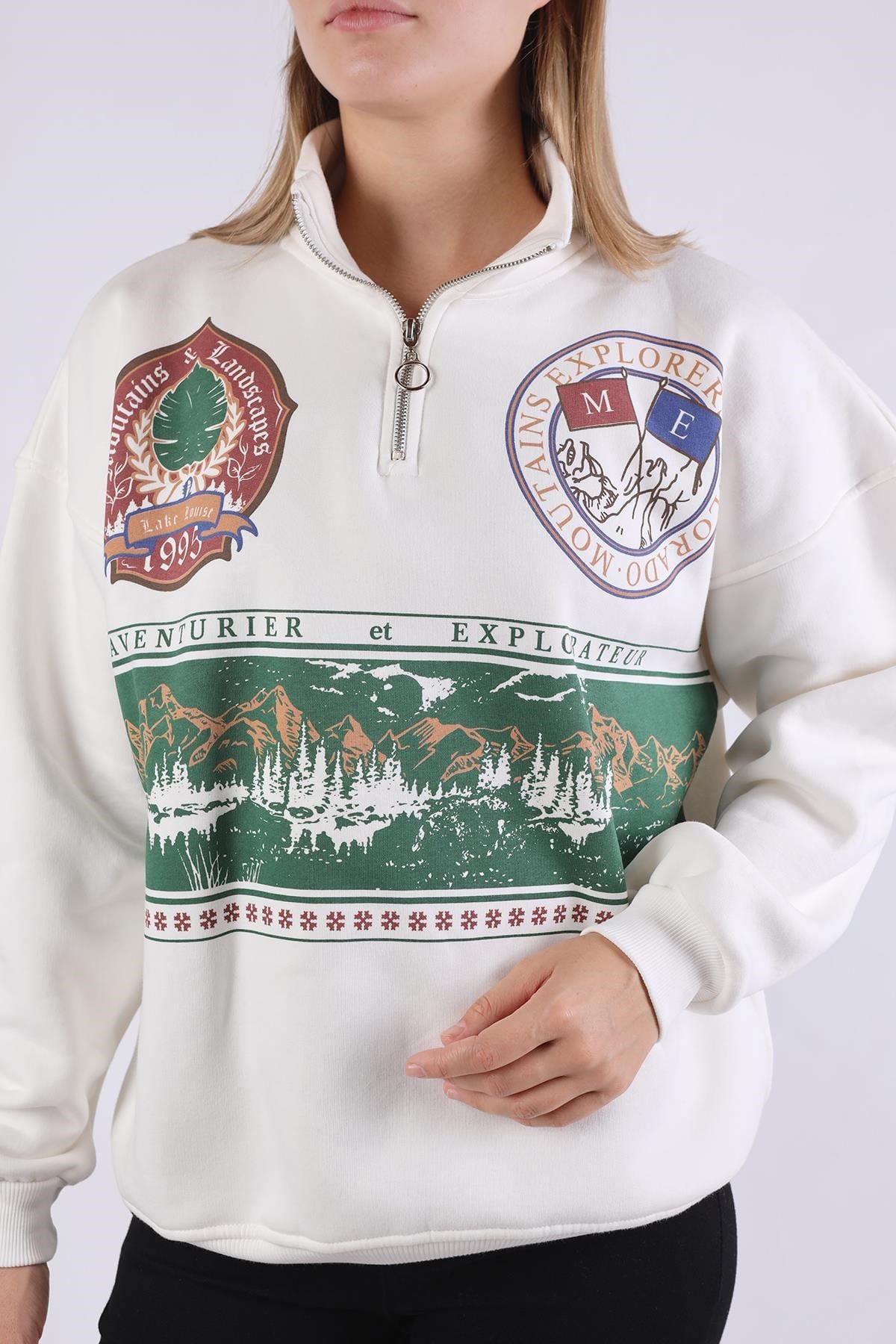 Ekru Baskılı Fermuarlı Sweat 1118