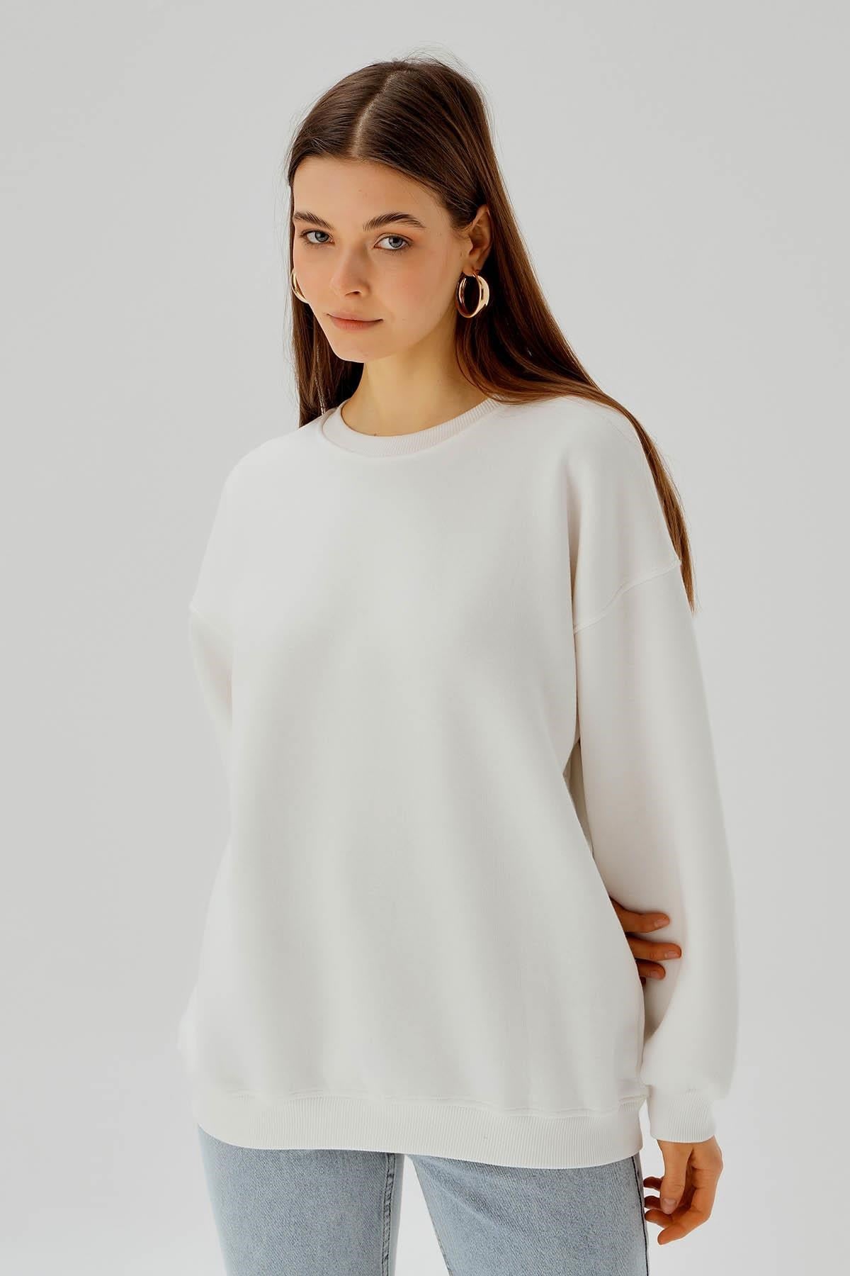 Ekru Bisiklet Yaka Oversize Sweat 3183