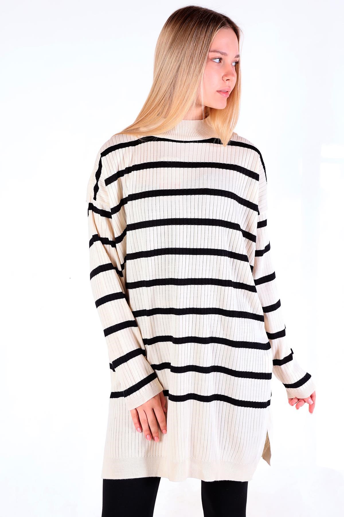 Ekru Çizgili Balıkçı Yaka Tunik 5415