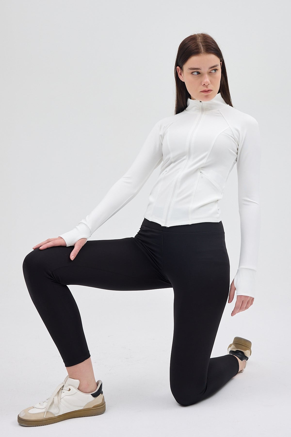 Ekru Fermuarlı Fit Kalıp Spor Hırka 3196