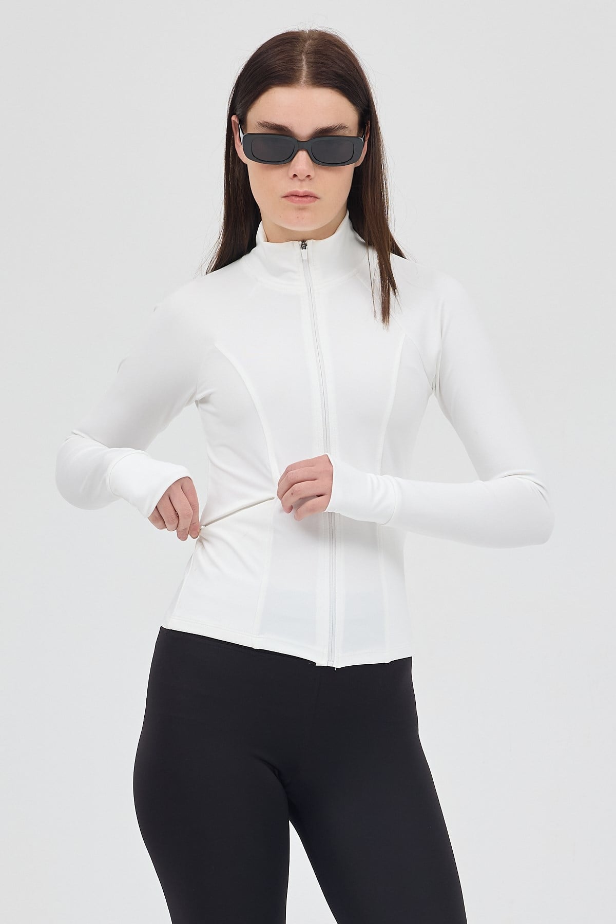 Ekru Fermuarlı Fit Kalıp Spor Hırka 3196