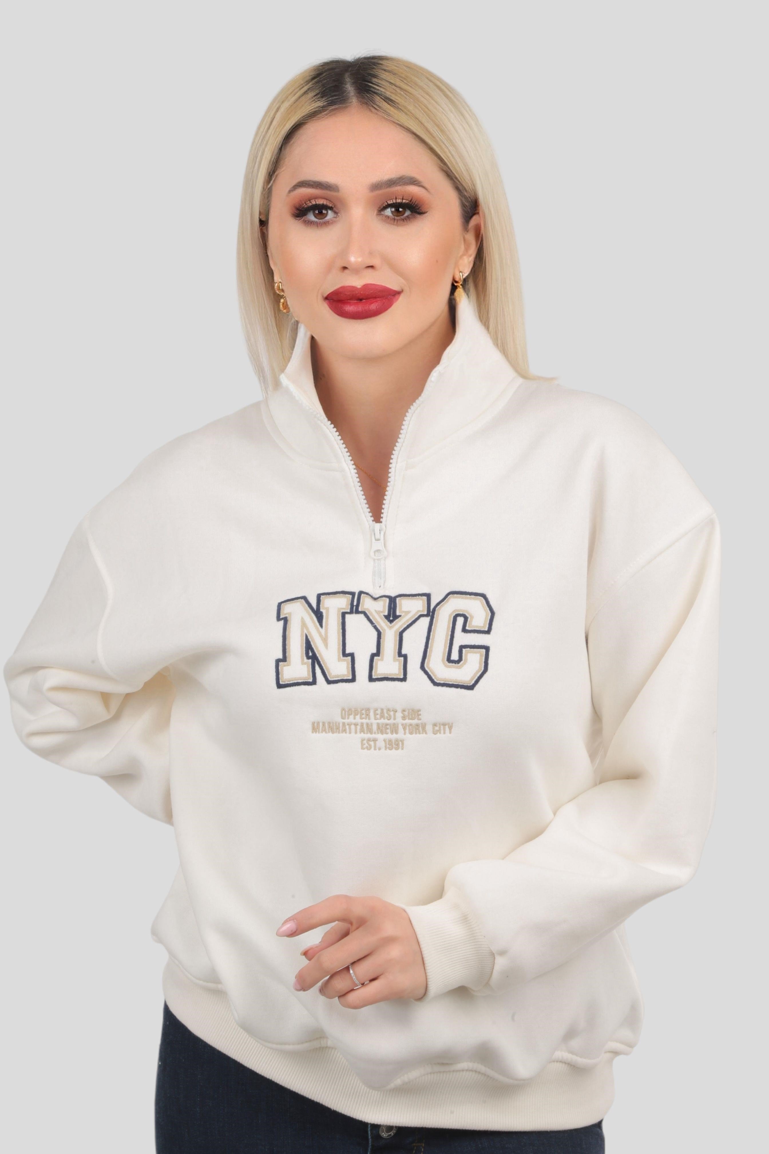 Ekru Fermuarlı NYC Nakış Sweat 3665