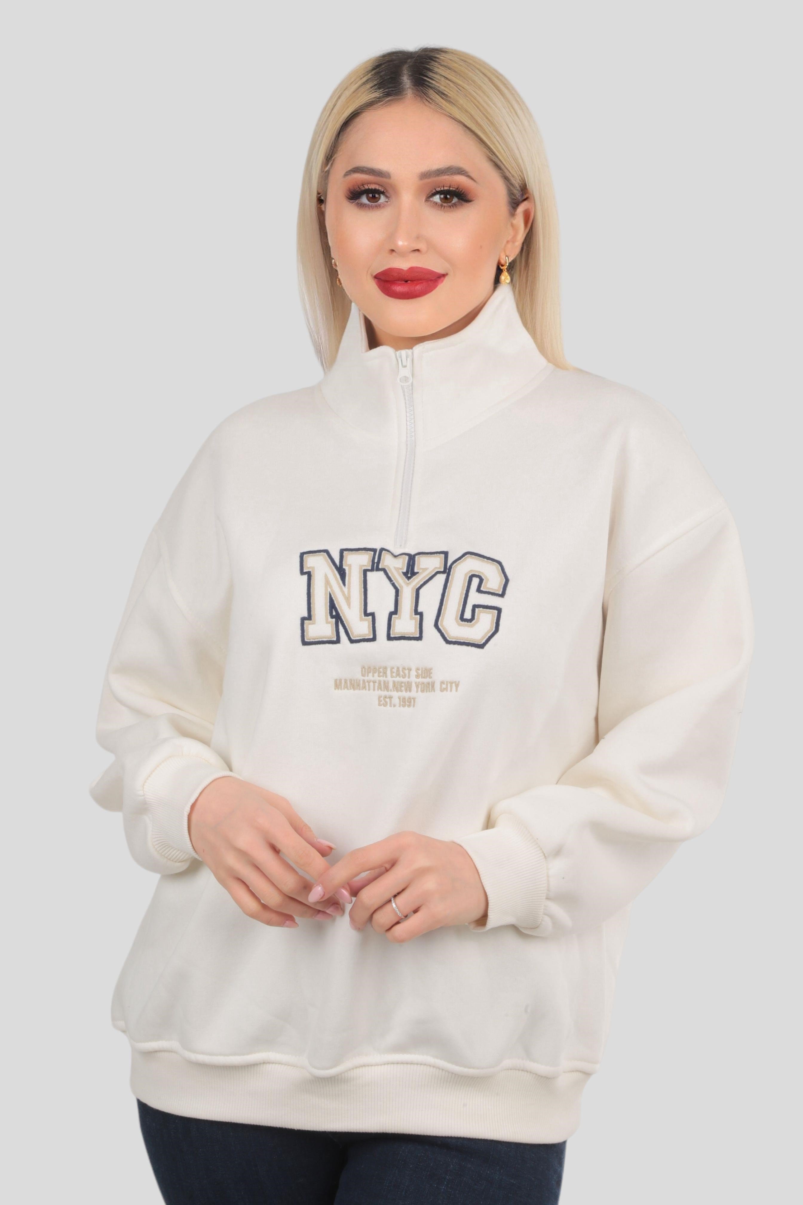 Ekru Fermuarlı NYC Nakış Sweat 3665