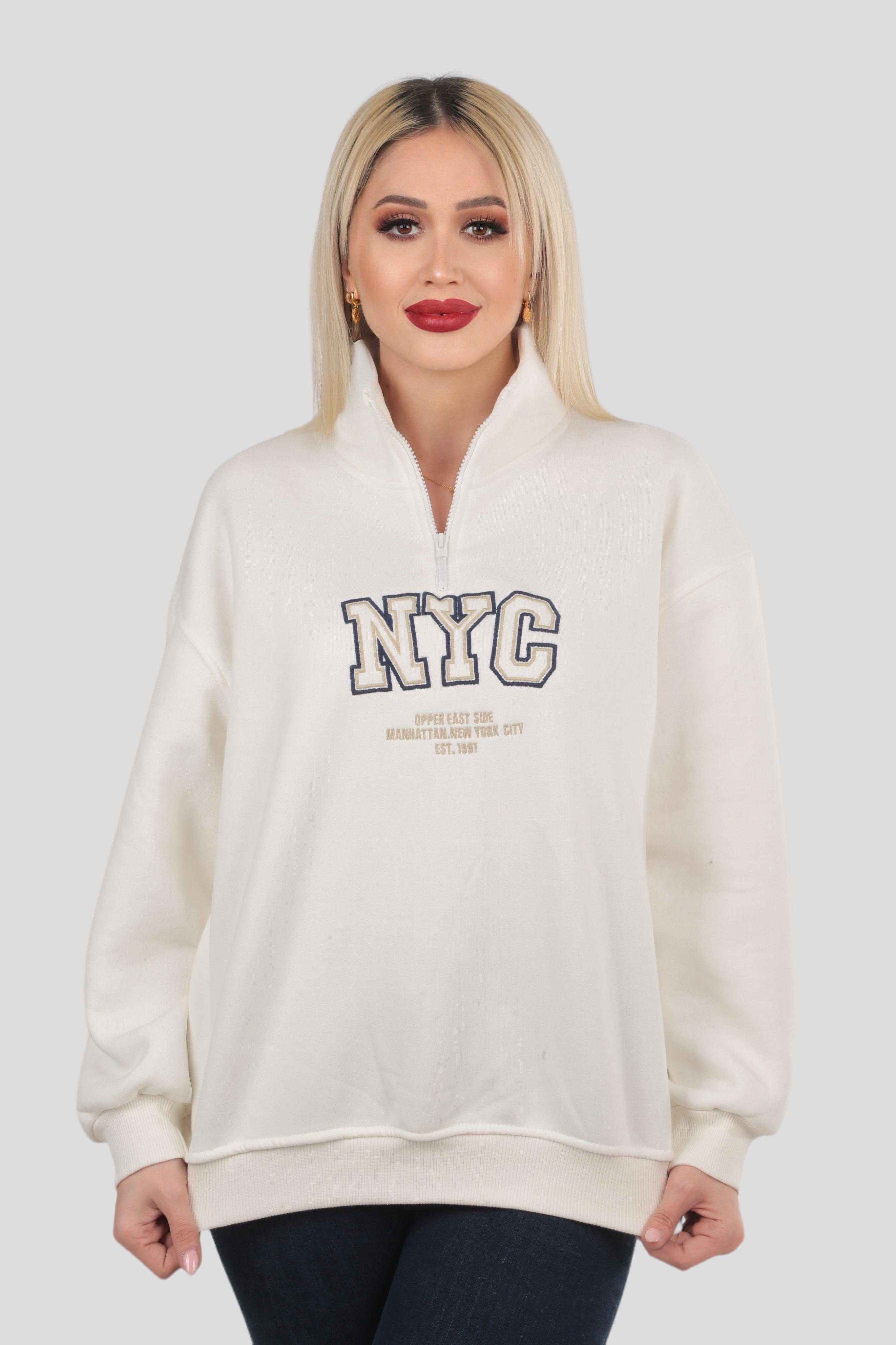 Ekru Fermuarlı NYC Nakış Sweat 3665
