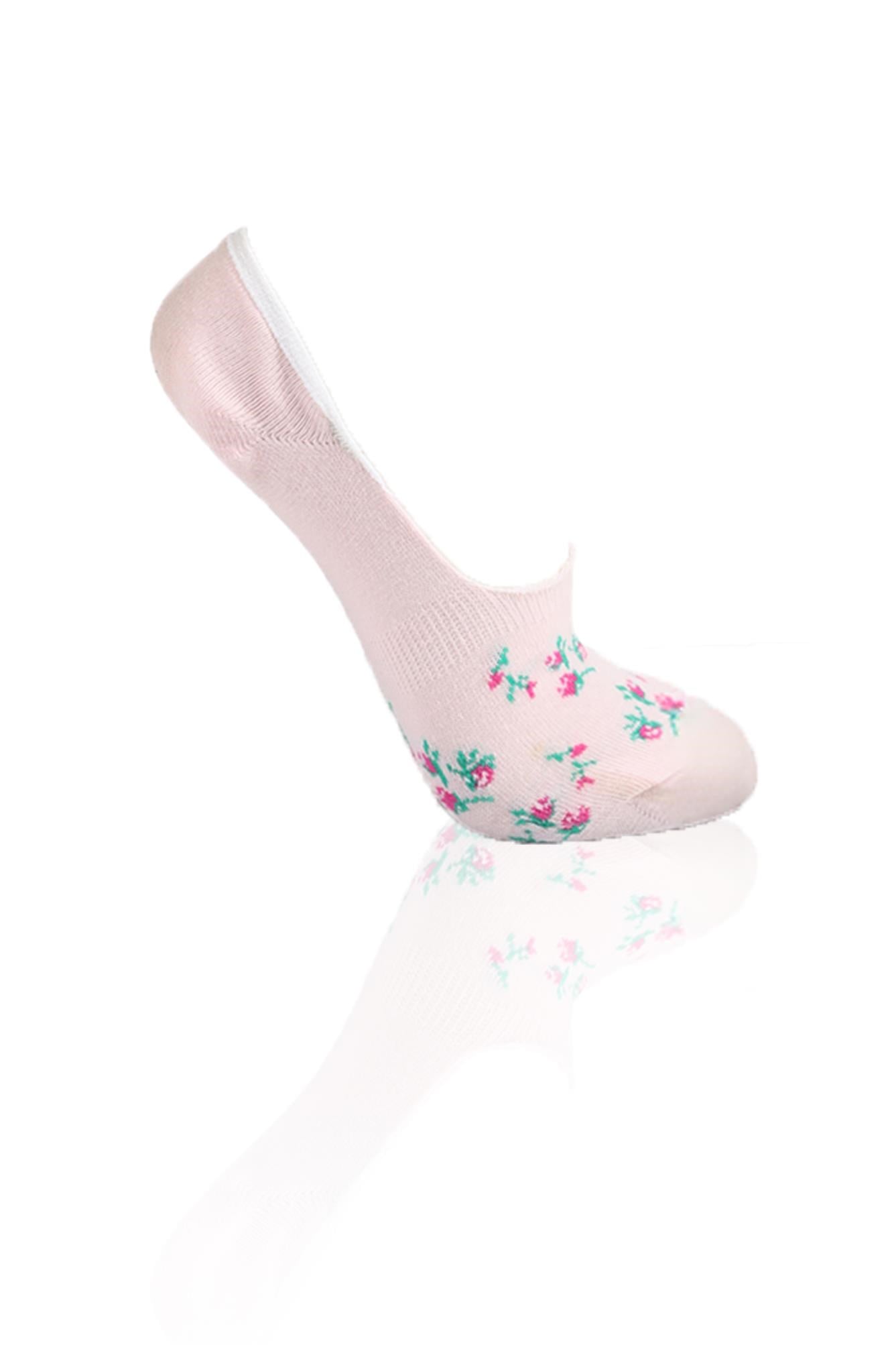 Ekru-Gri-Pembe Çiçek Desenli 3'lü Babet Çorap 1110