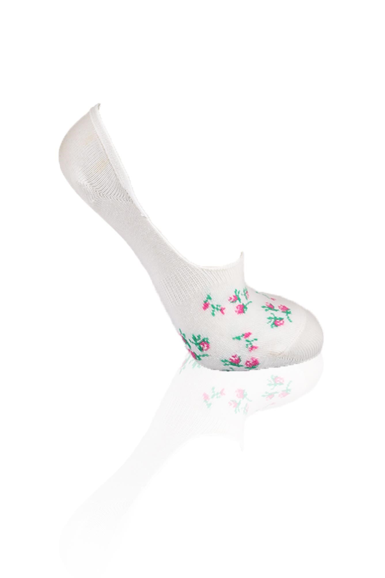 Ekru-Gri-Pembe Çiçek Desenli 3'lü Babet Çorap 1110