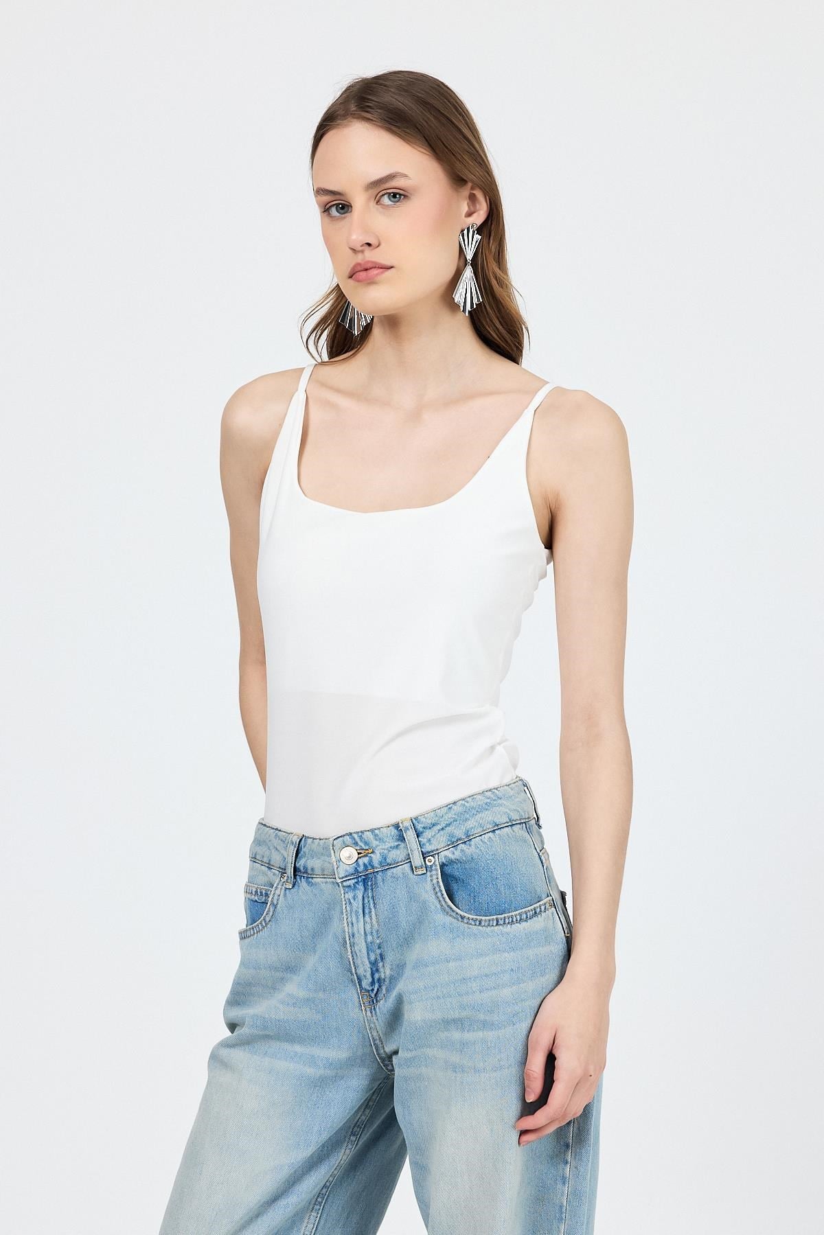Ekru İnce Askılı Çıtçıtlı BodySuit 13255