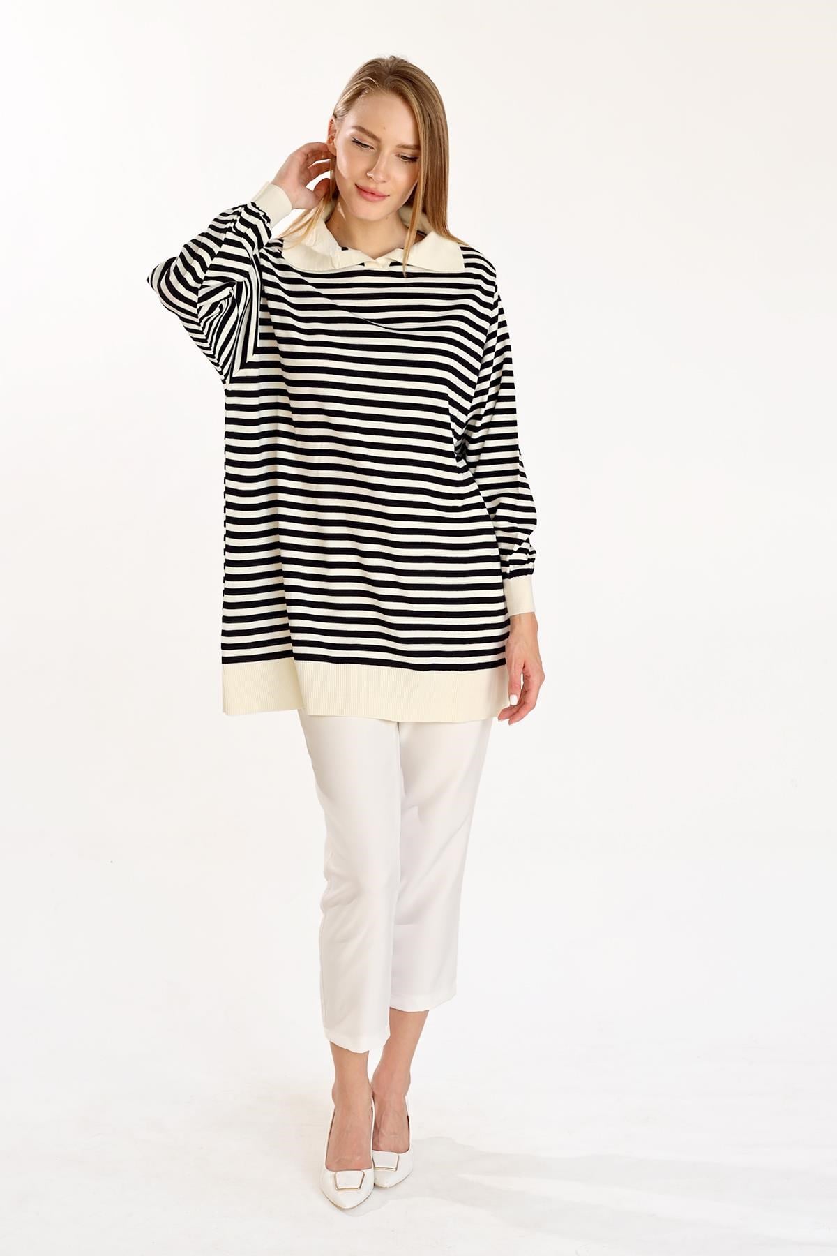 Ekru İnce Çizgi Polo Yaka Tunik 5345