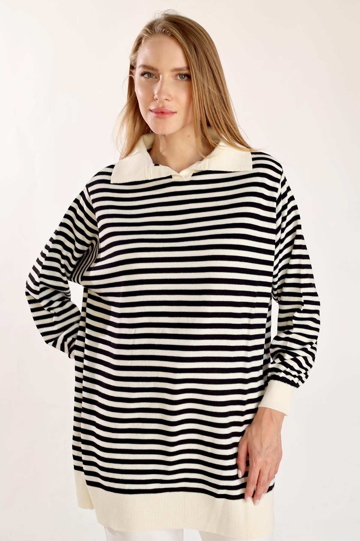 Ekru İnce Çizgi Polo Yaka Tunik 5345