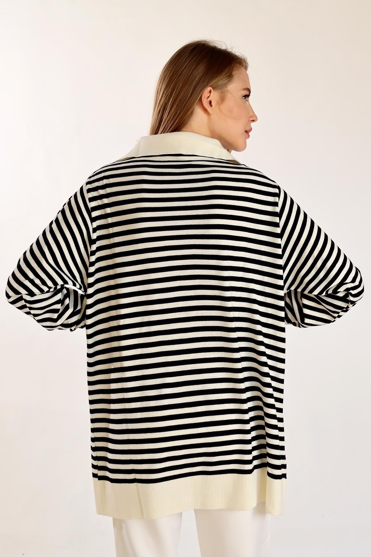 Ekru İnce Çizgi Polo Yaka Tunik 5345