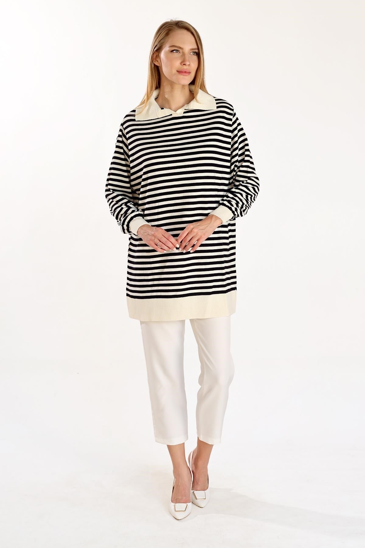 Ekru İnce Çizgi Polo Yaka Tunik 5345