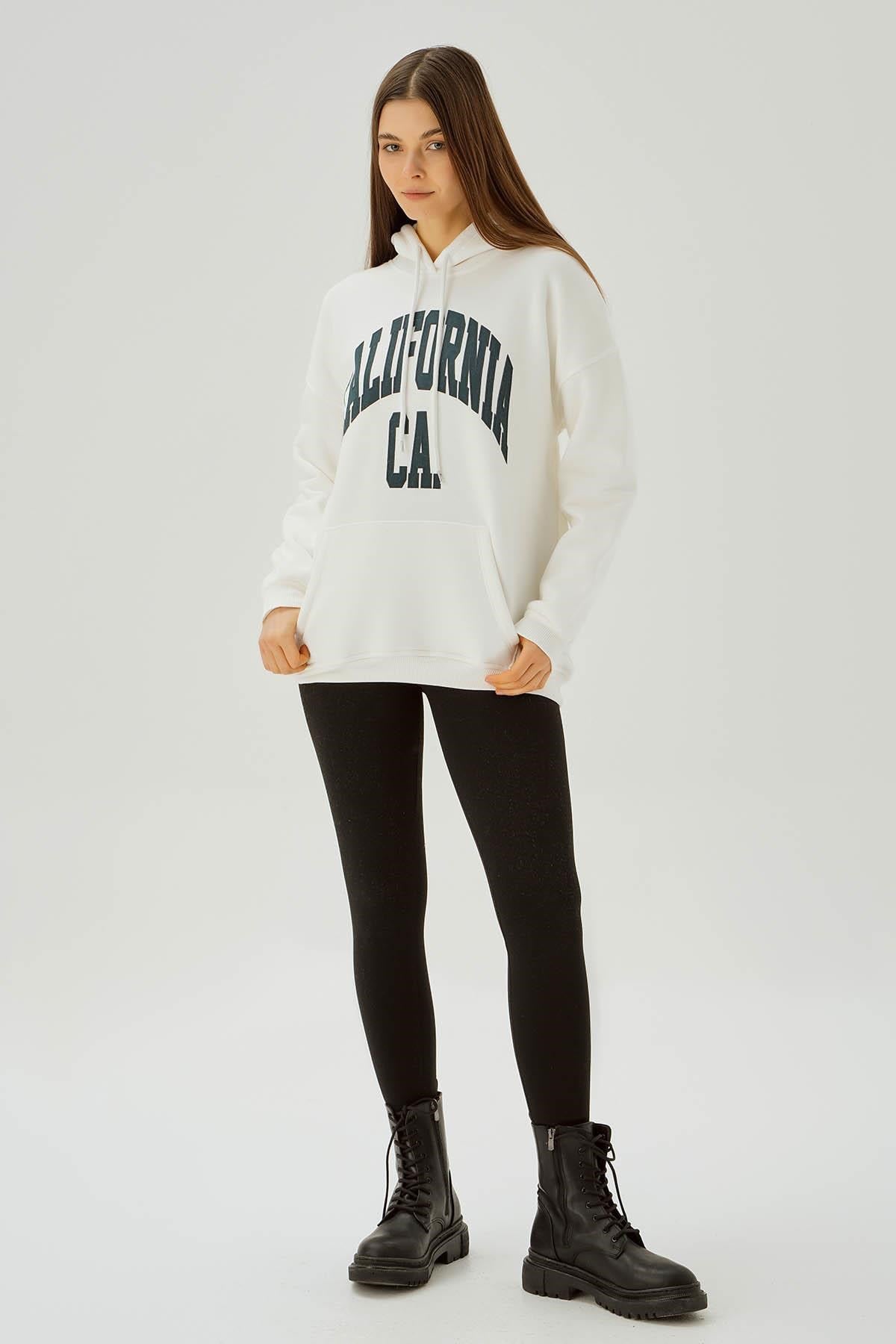 Ekru Kapüşonlu Oversize Sweat 3720