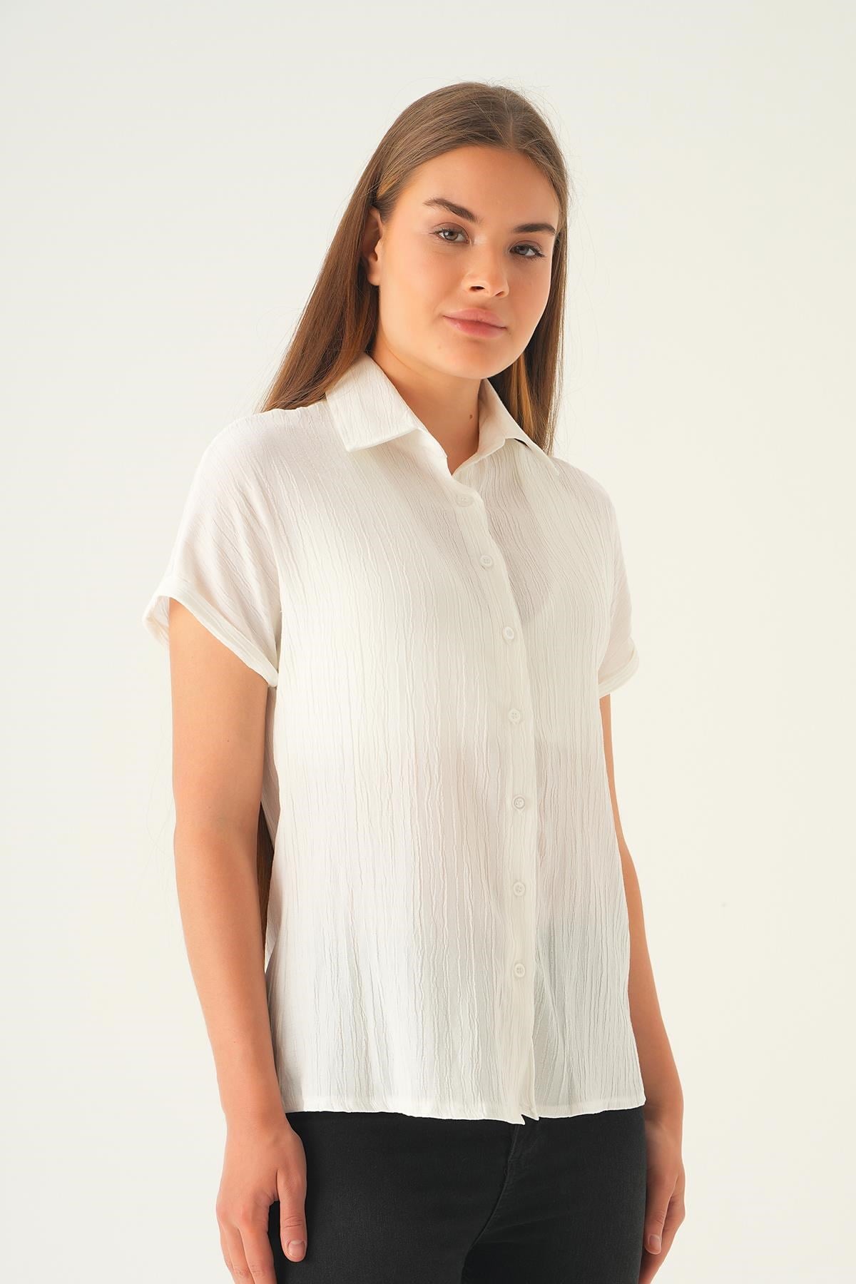 Ekru Kısa Kol Oversize Gömlek 4163A
