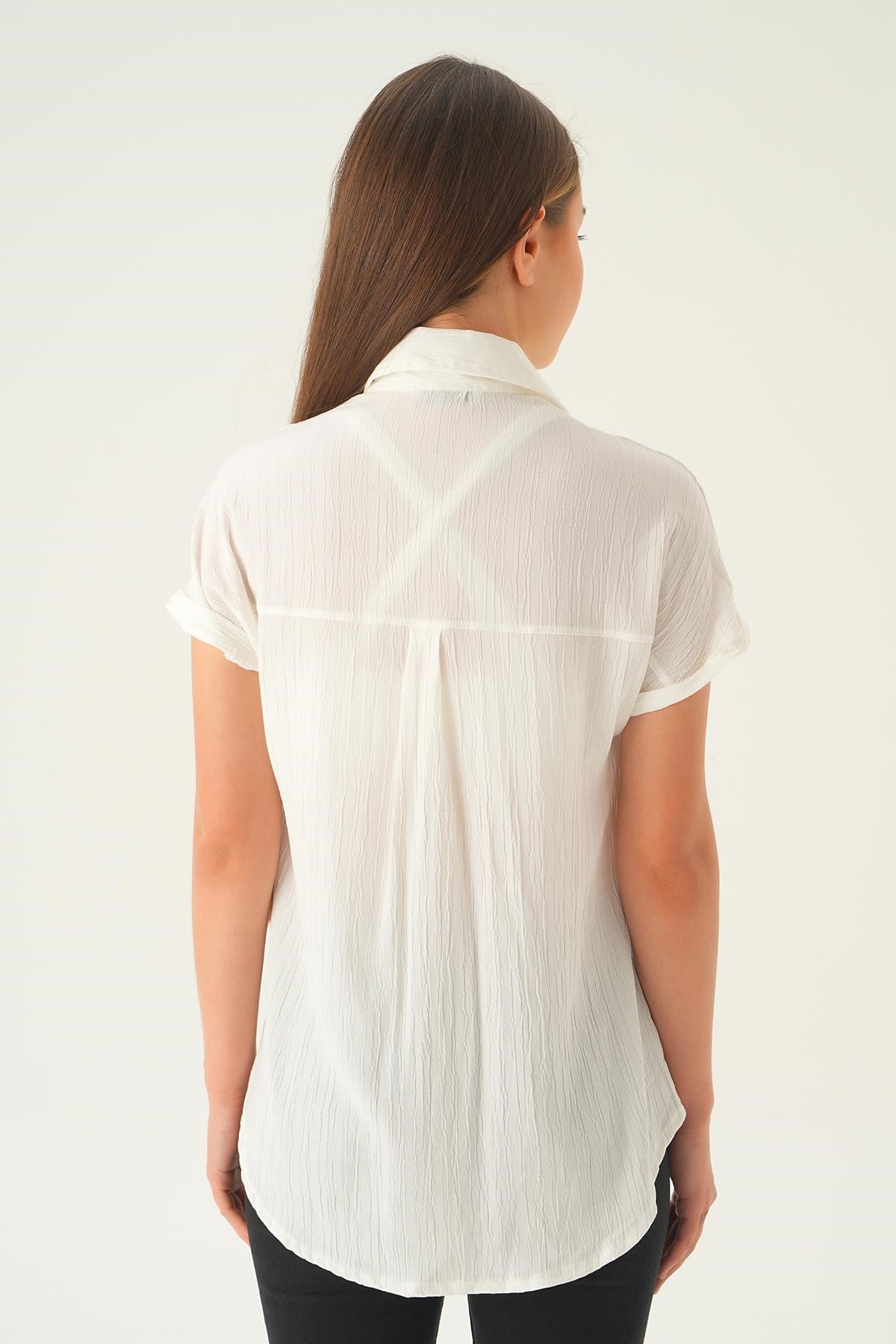 Ekru Kısa Kol Oversize Gömlek 4163A