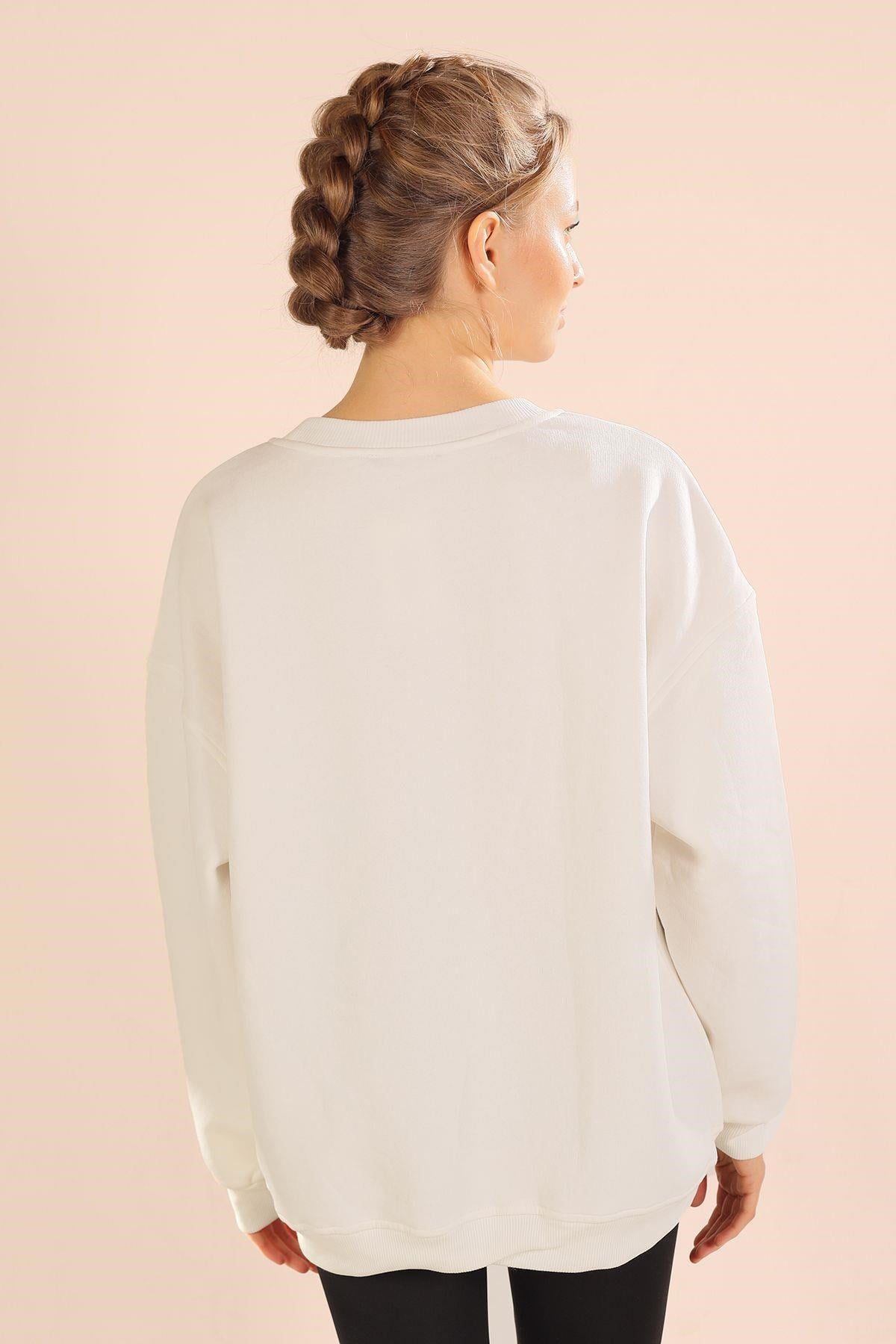 Ekru Leopar Detay Sweat 3569
