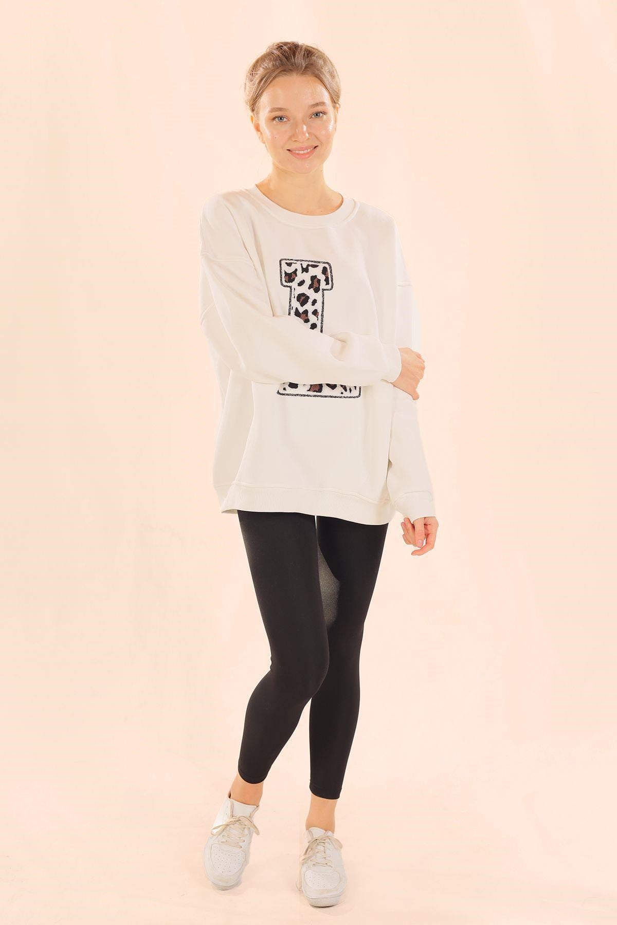Ekru Leopar Detay Sweat 3569