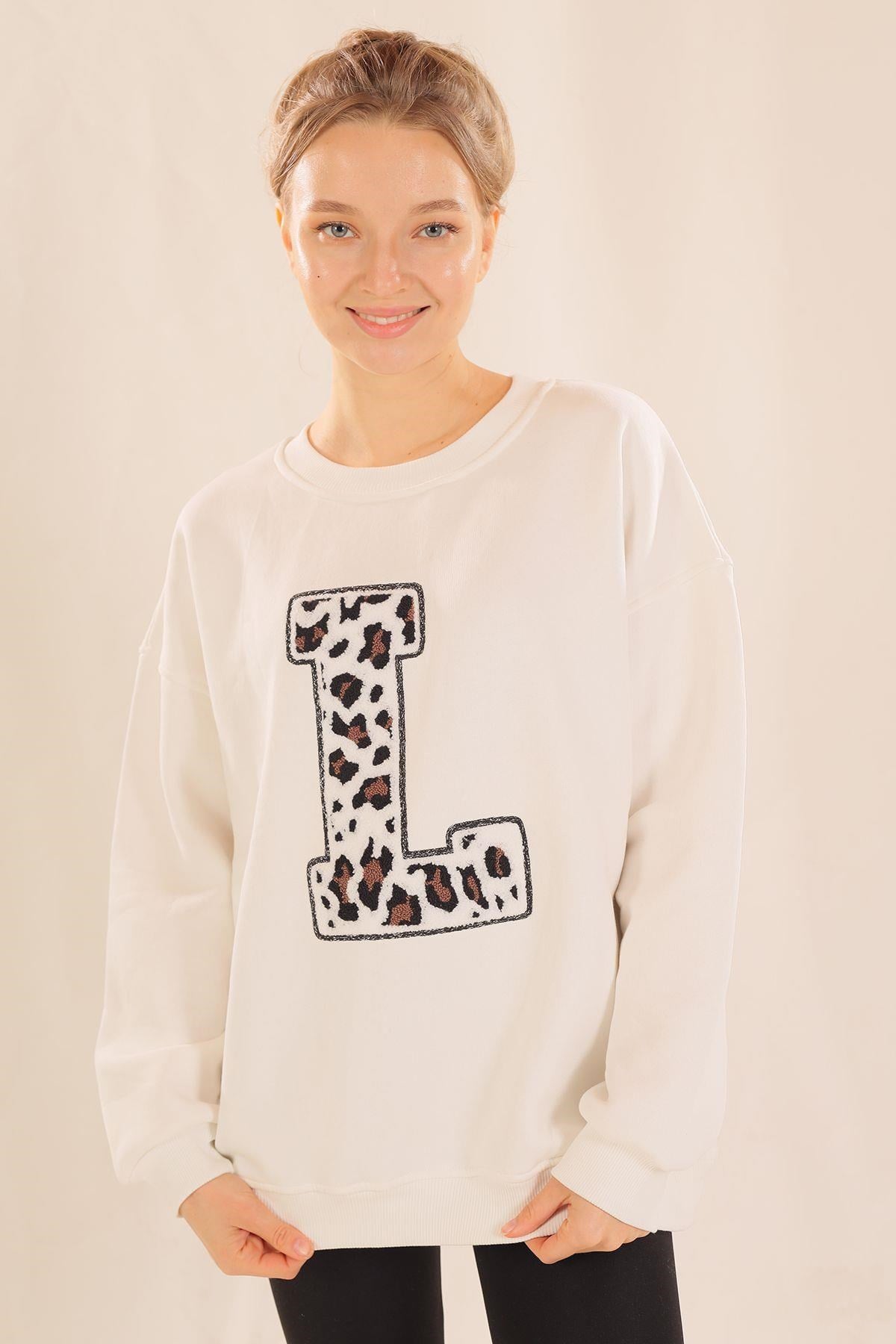 Ekru Leopar Detay Sweat 3569
