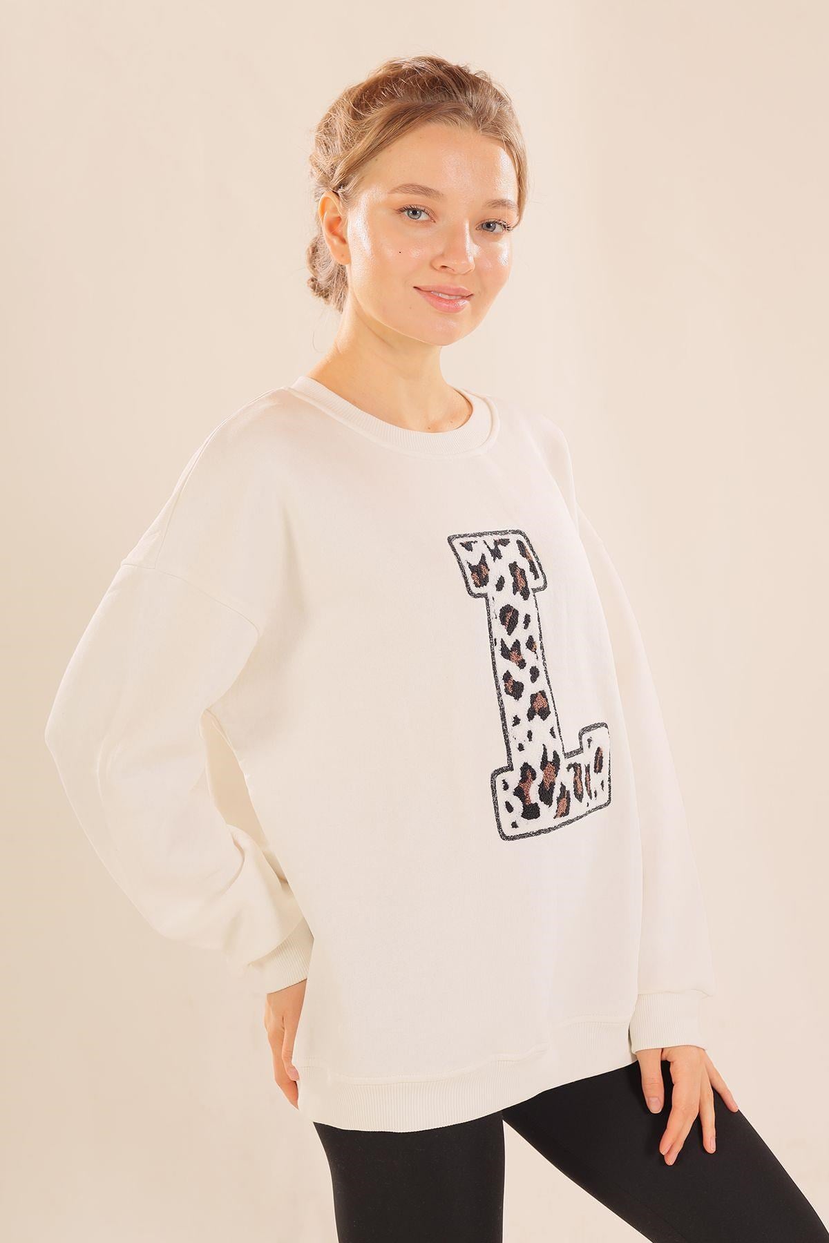 Ekru Leopar Detay Sweat 3569
