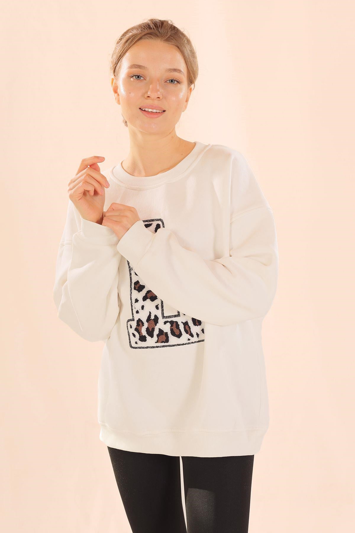 Ekru Leopar Detay Sweat 3569