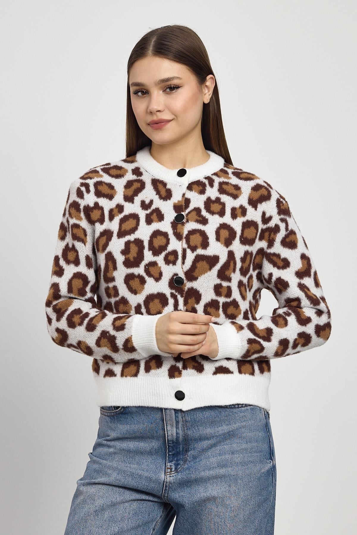 Ekru Leopar Detay Triko Hırka 24367