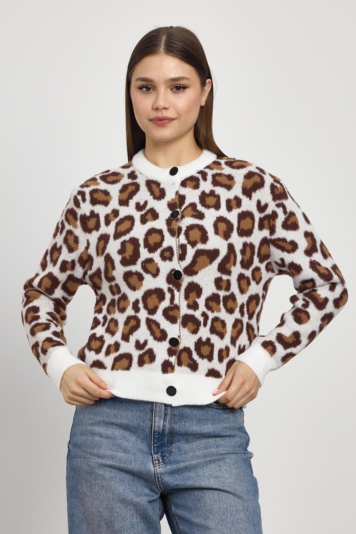 Ekru Leopar Detay Triko Hırka 24367