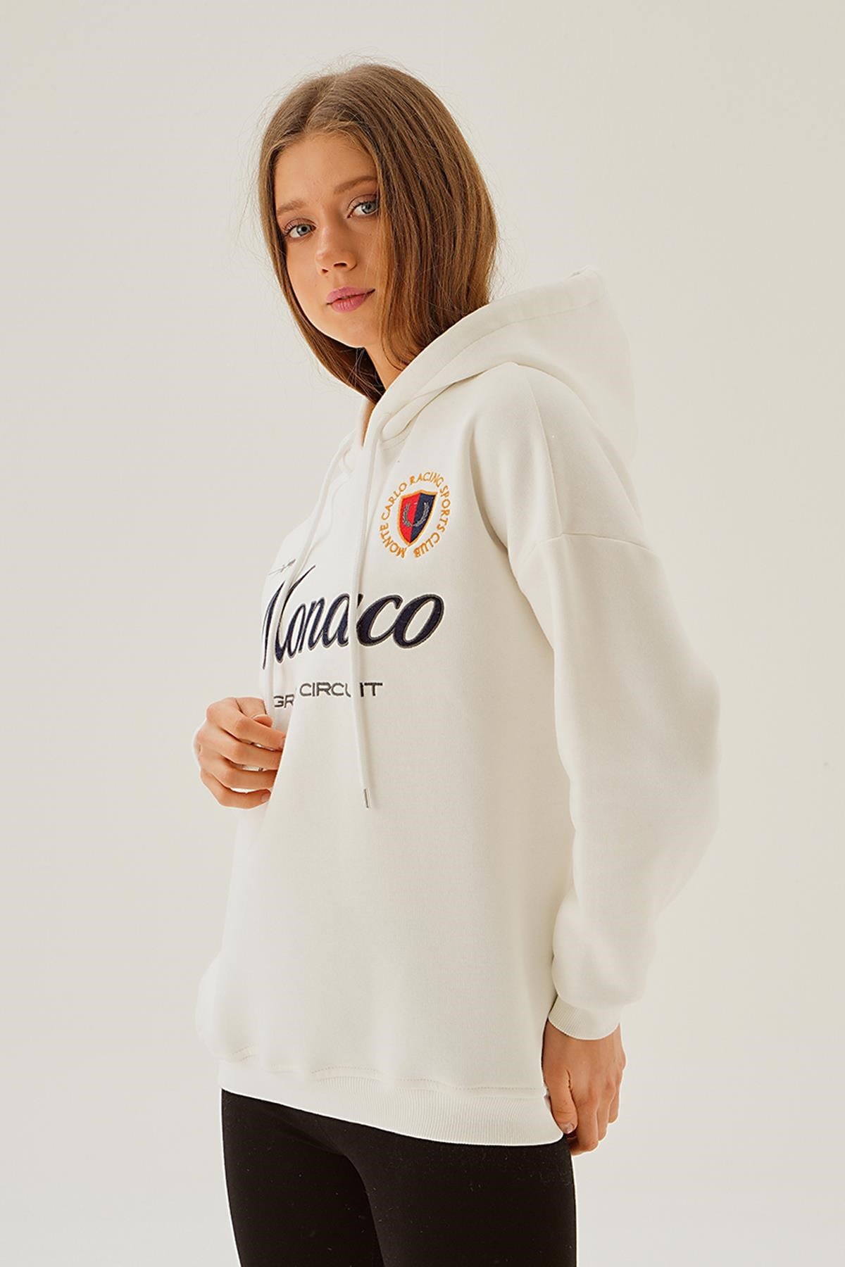 Ekru Monaco Nakış Kapüşonlu Sweat 3730