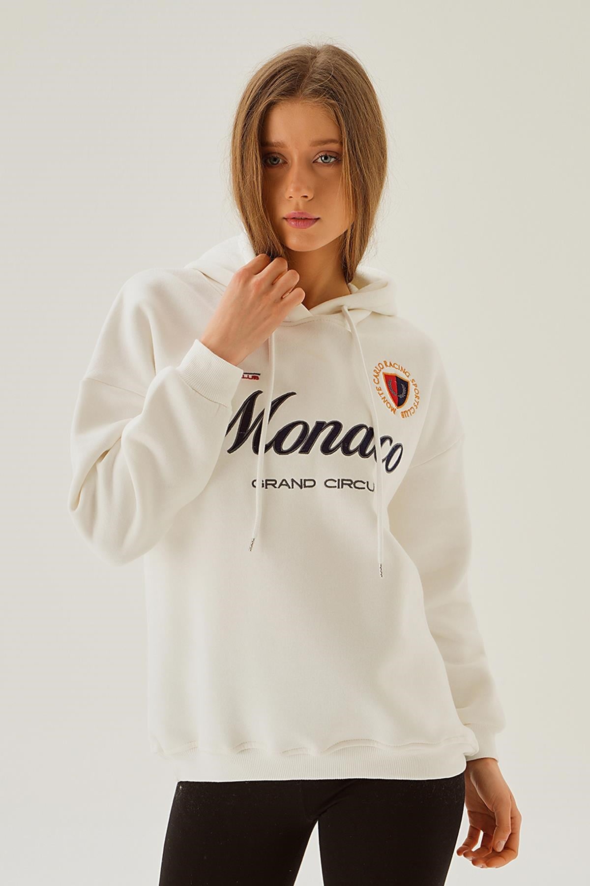 Ekru Monaco Nakış Kapüşonlu Sweat 3730