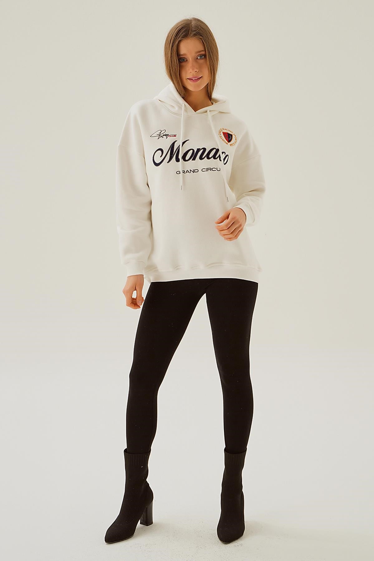 Ekru Monaco Nakış Kapüşonlu Sweat 3730