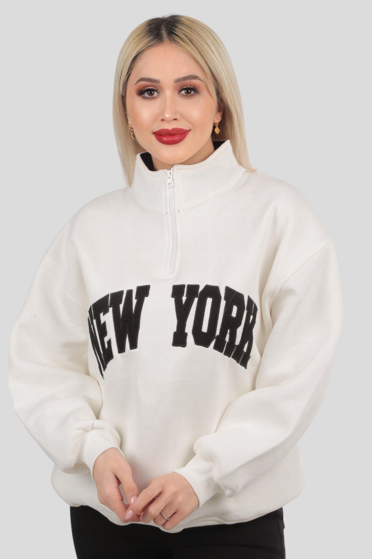 Ekru New York Baskılı Fermuarlı Sweat 3623