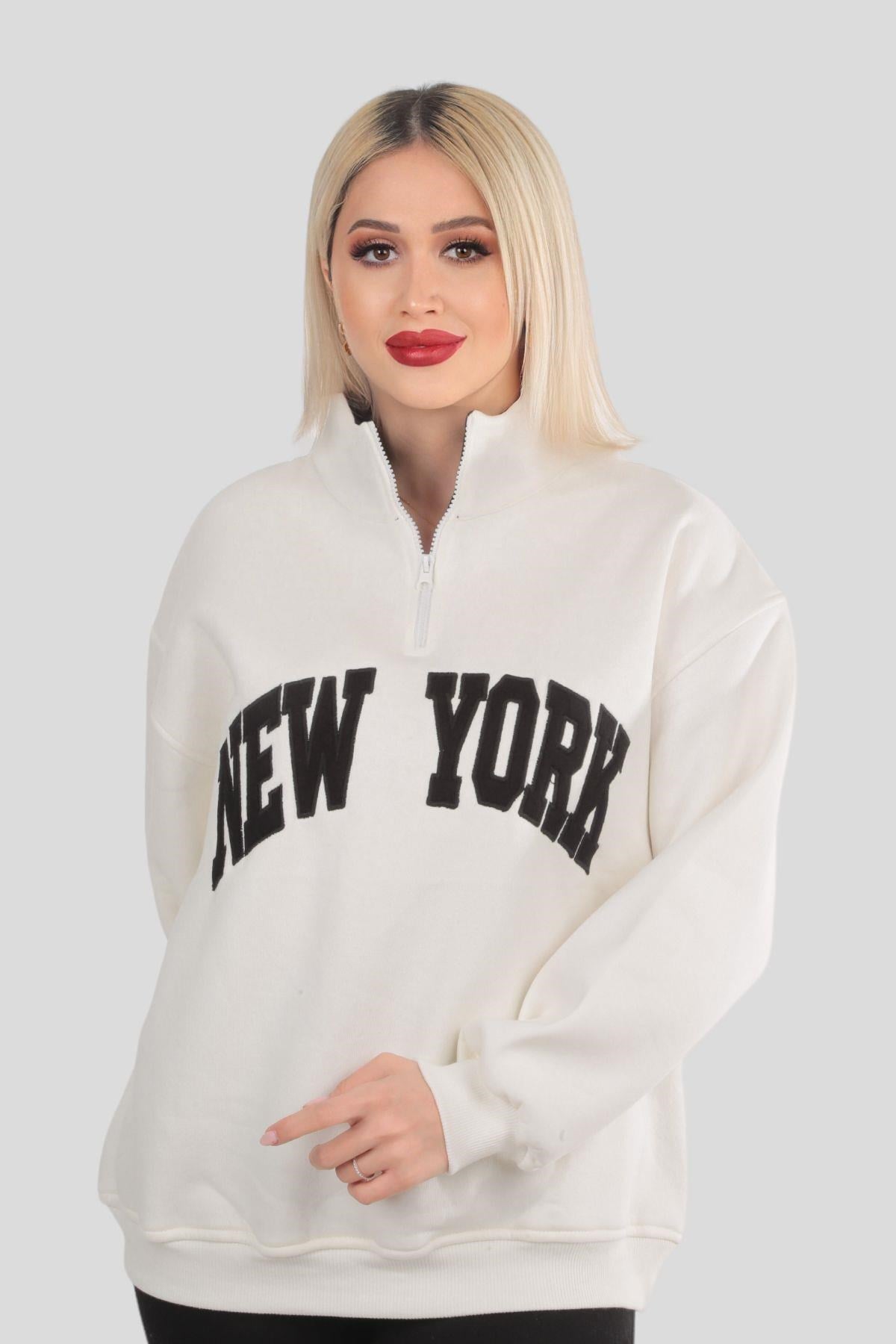 Ekru New York Baskılı Fermuarlı Sweat 3623