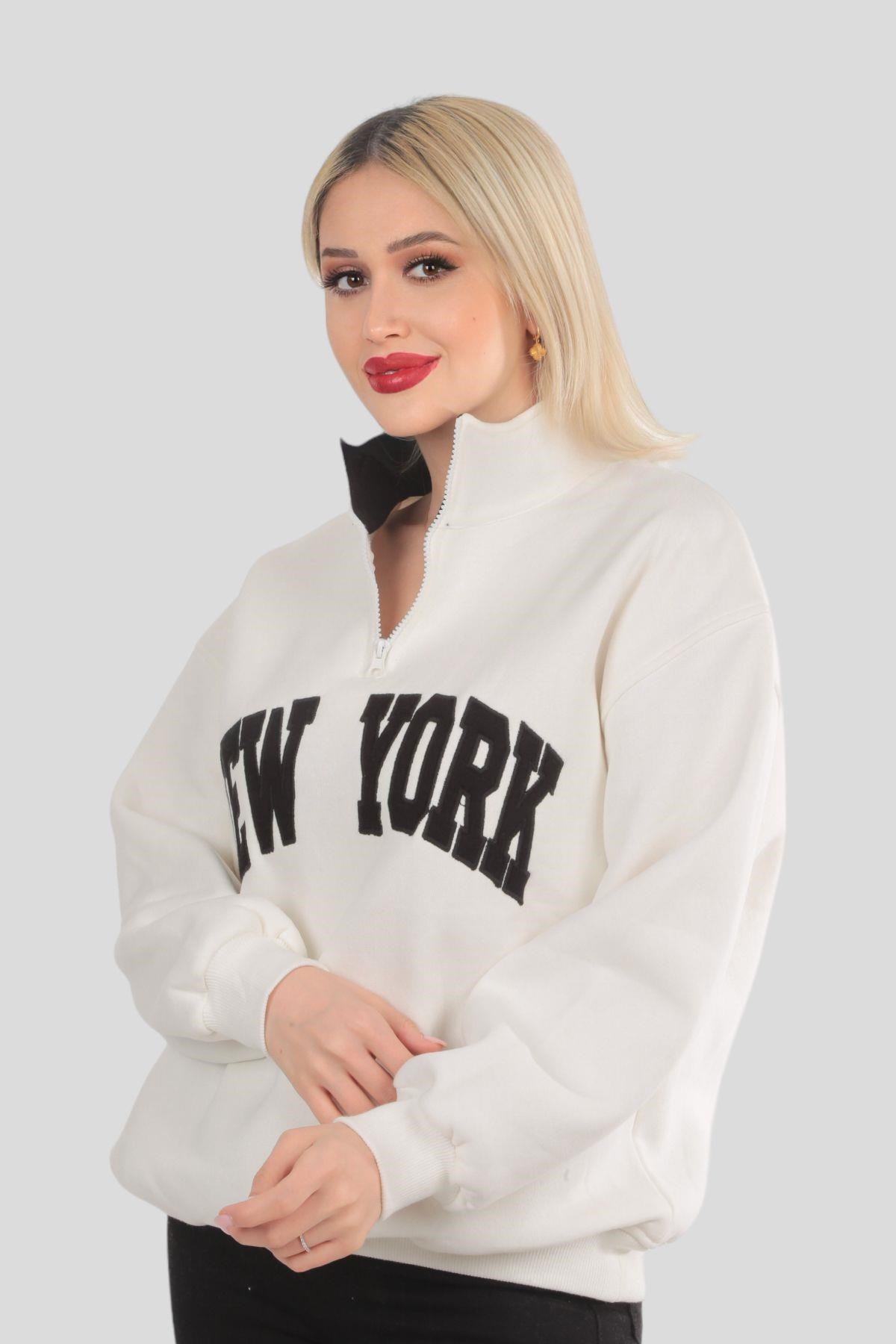 Ekru New York Baskılı Fermuarlı Sweat 3623