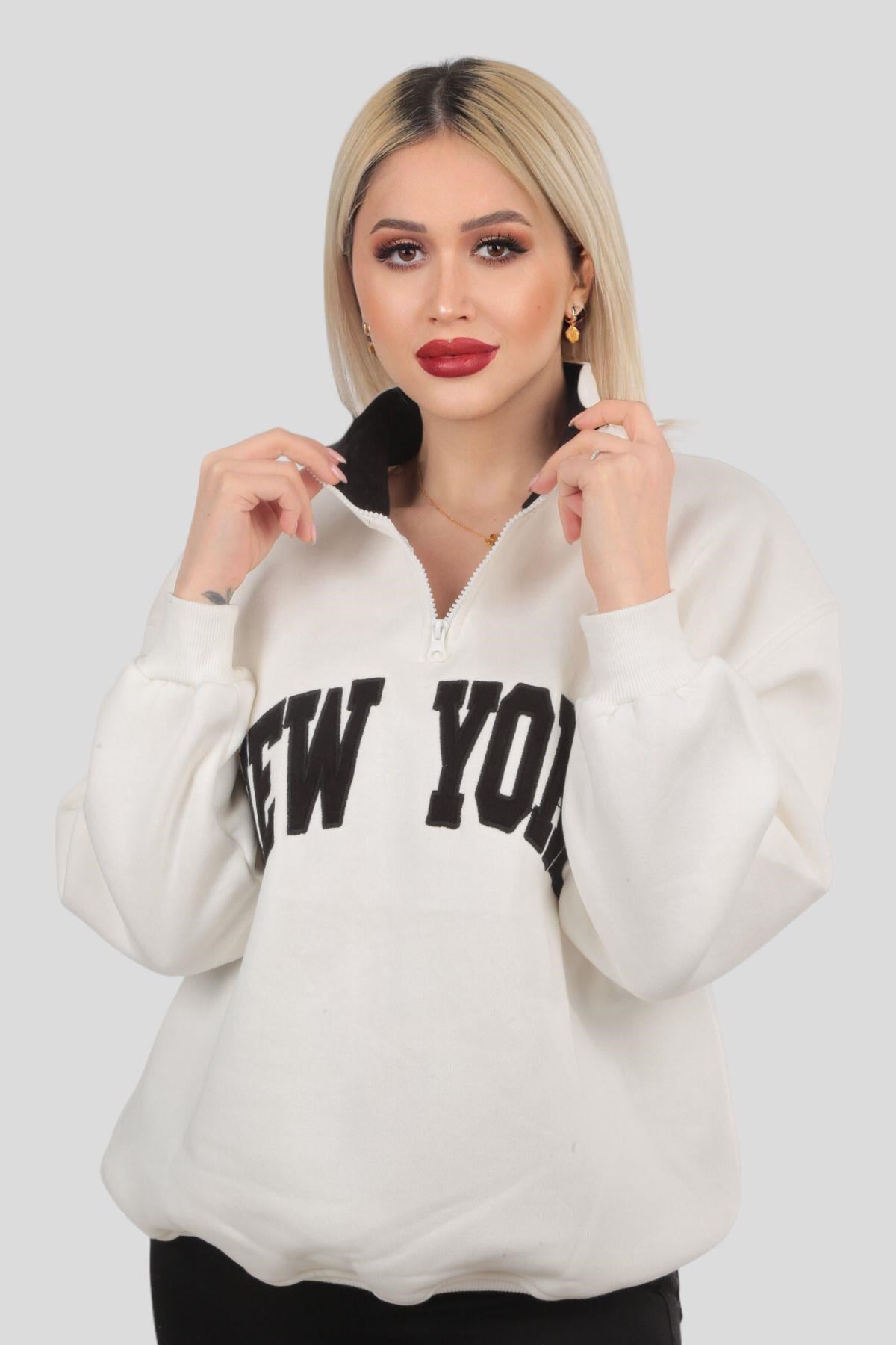 Ekru New York Baskılı Fermuarlı Sweat 3623