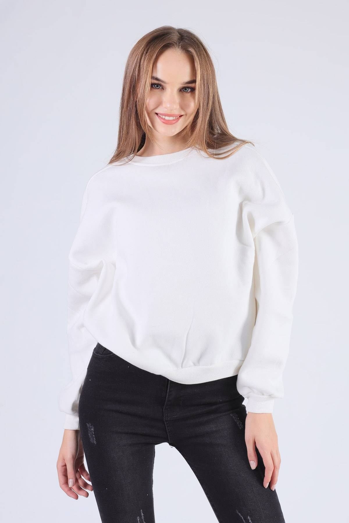 Ekru Oversize Bisiklet Yaka Sweat 8138M